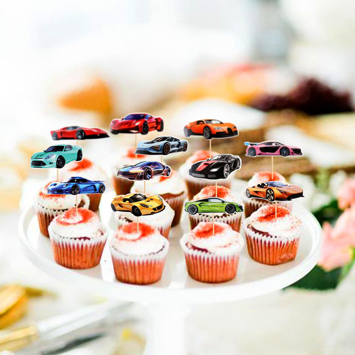 SAMOKA Racing Car Cupcake Toppers – 24 Pcs Rider Theme Cupcake Decorations for Baby Shower
