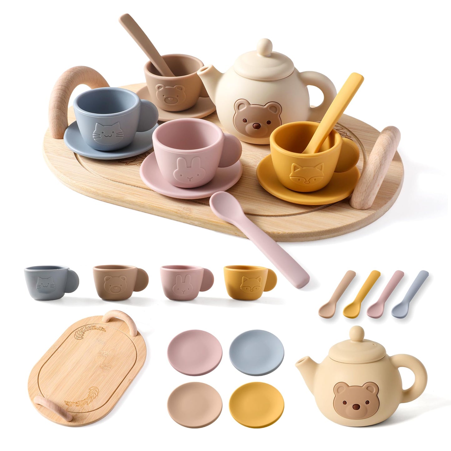 Samonyed Tea Party Set for Little Girls – 15-Piece Silicone Teapot, Cups, Coasters & Wooden Tray