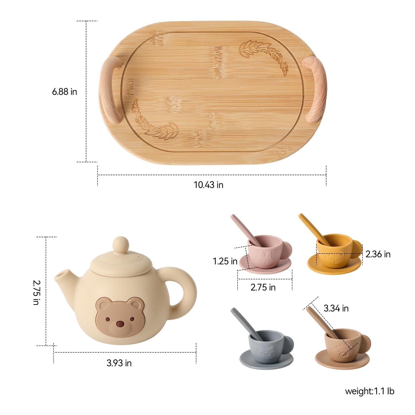 Samonyed Tea Party Set for Little Girls – 15-Piece Silicone Teapot, Cups, Coasters & Wooden Tray
