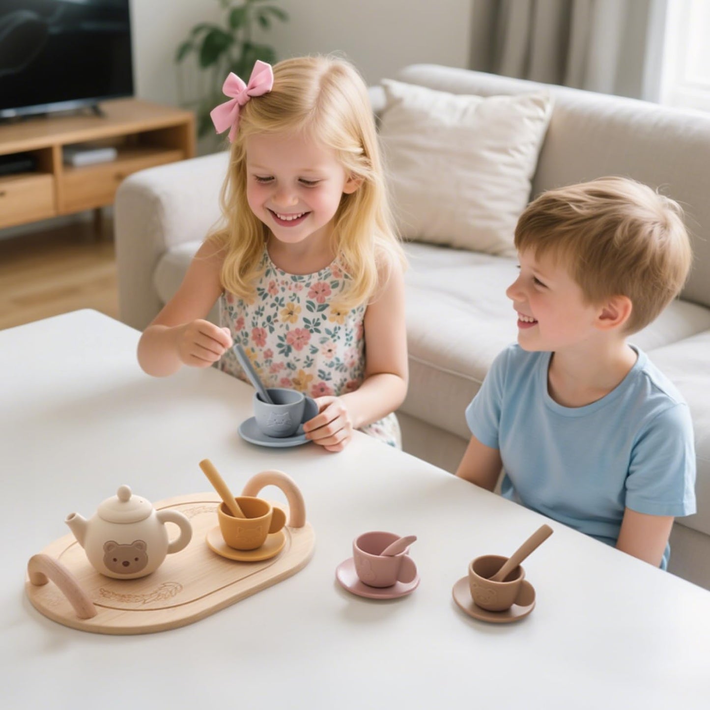 Samonyed Tea Party Set for Little Girls – 15-Piece Silicone Teapot, Cups, Coasters & Wooden Tray