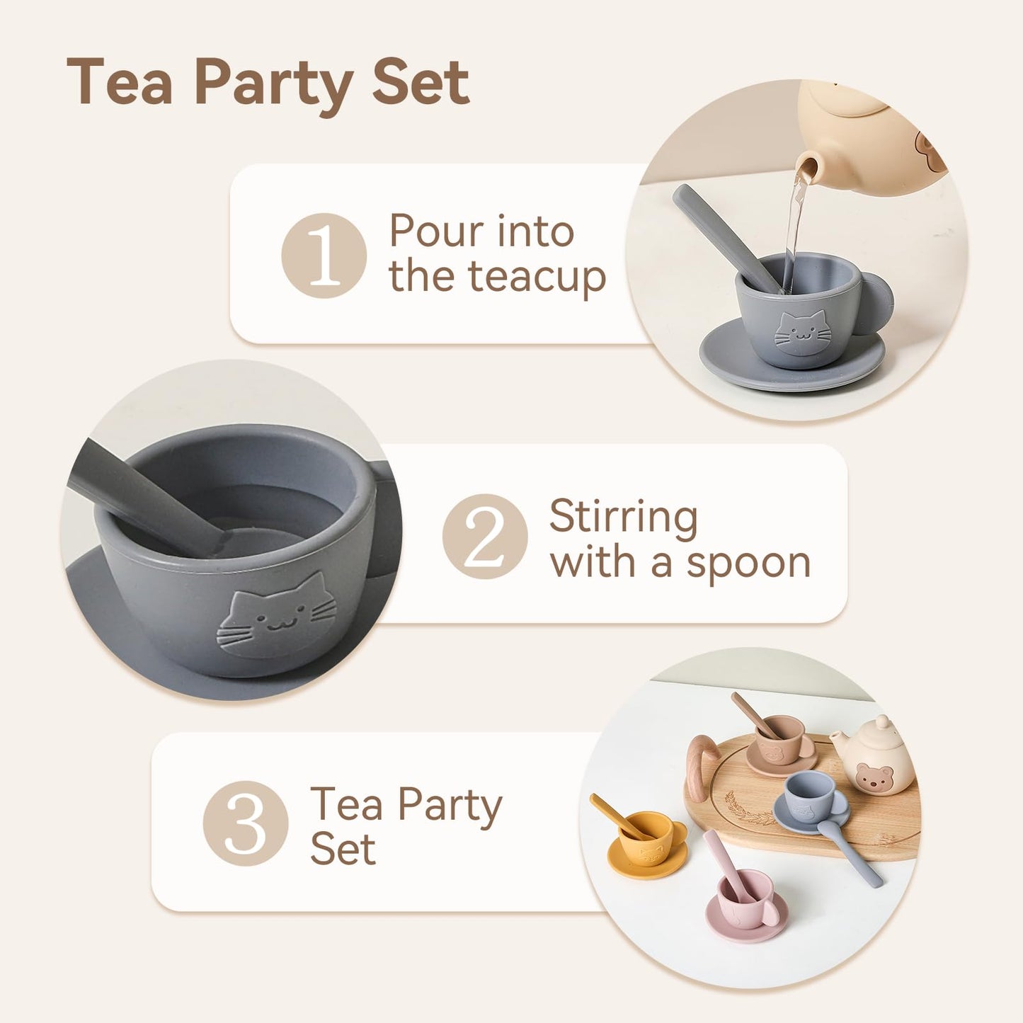 Samonyed Tea Party Set for Little Girls – 15-Piece Silicone Teapot, Cups, Coasters & Wooden Tray