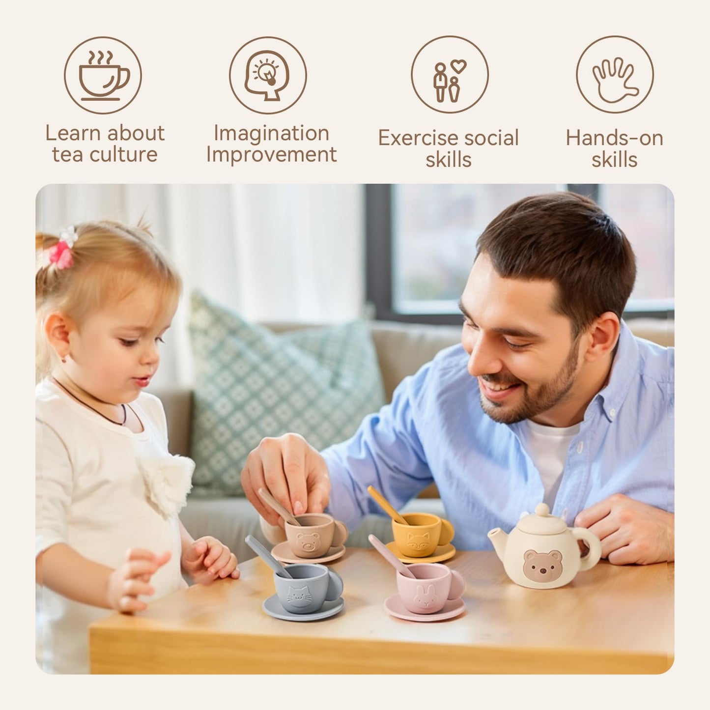 Samonyed Tea Party Set for Little Girls – 15-Piece Silicone Teapot, Cups, Coasters & Wooden Tray