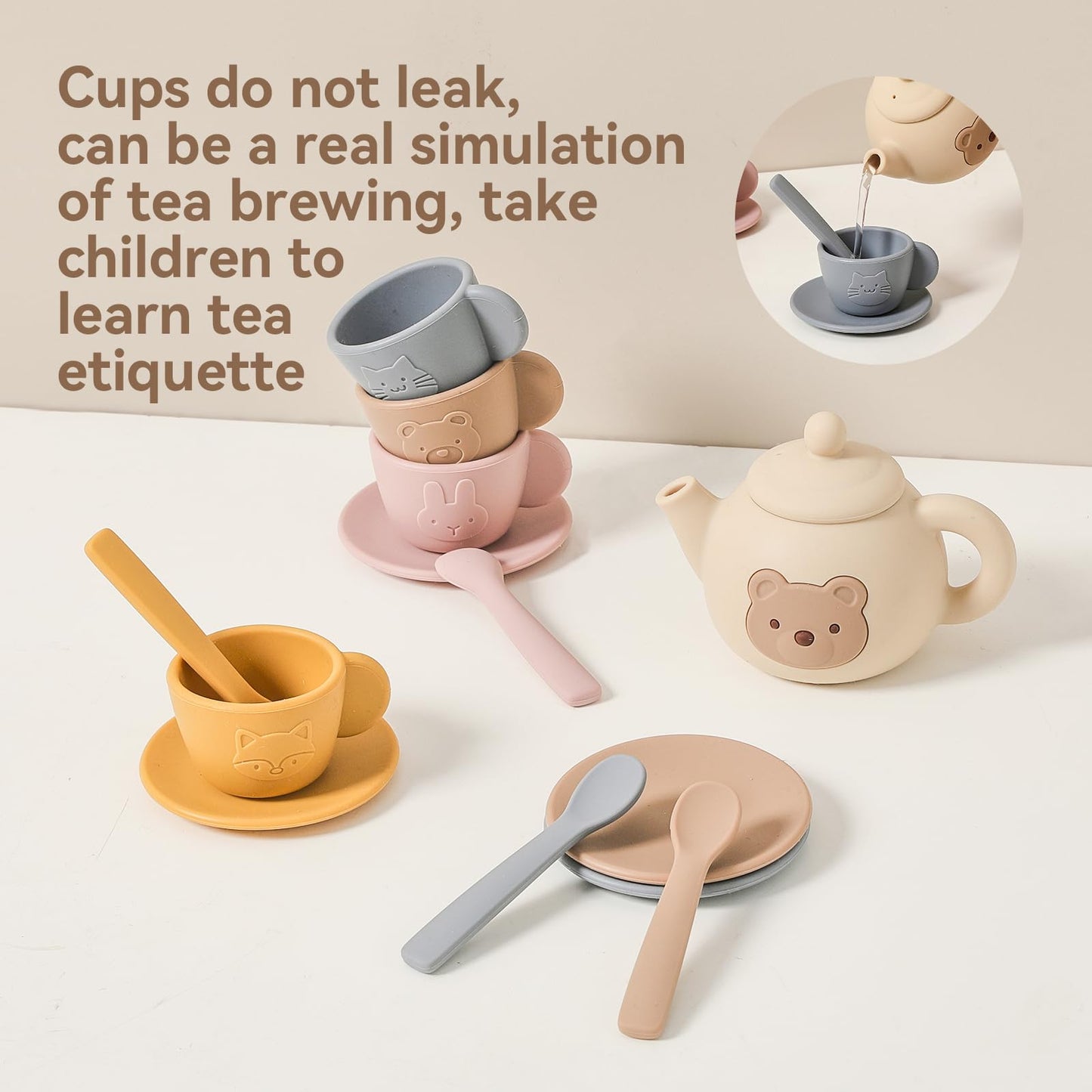 Samonyed Tea Party Set for Little Girls – 15-Piece Silicone Teapot, Cups, Coasters & Wooden Tray
