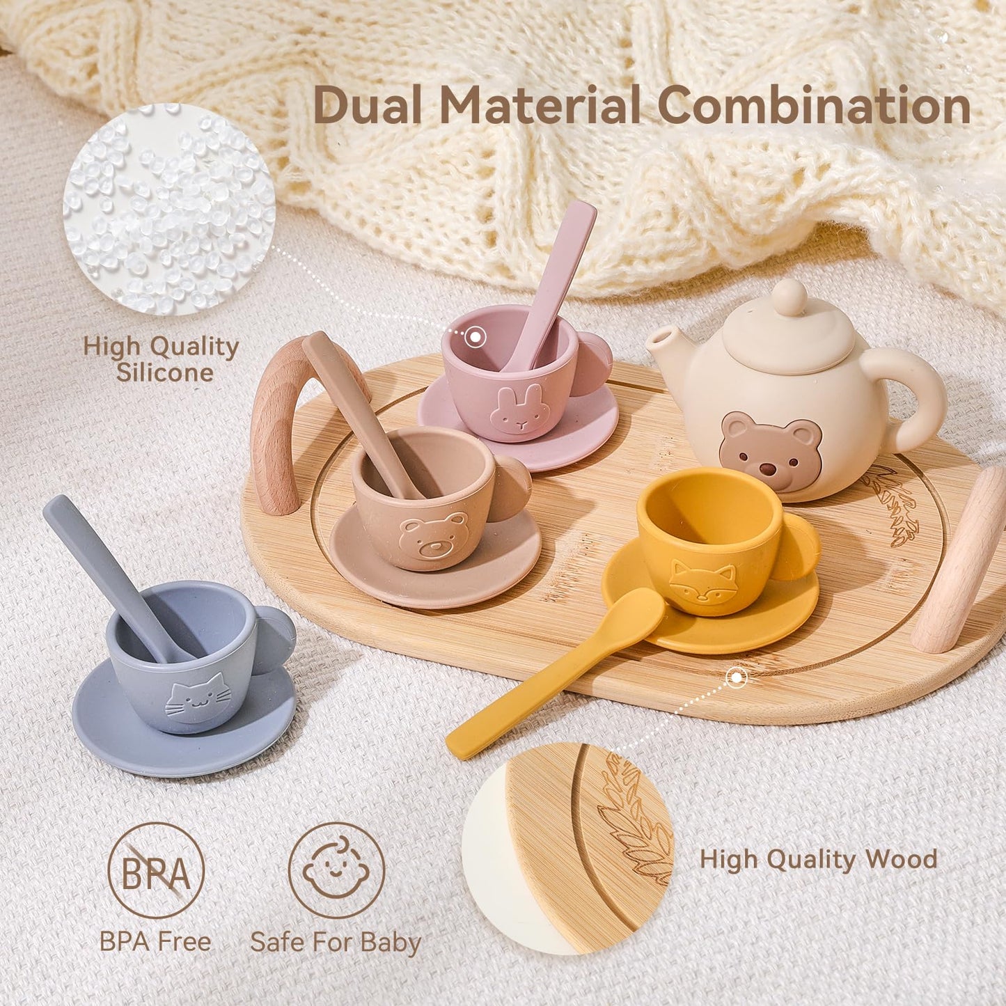 Samonyed Tea Party Set for Little Girls – 15-Piece Silicone Teapot, Cups, Coasters & Wooden Tray
