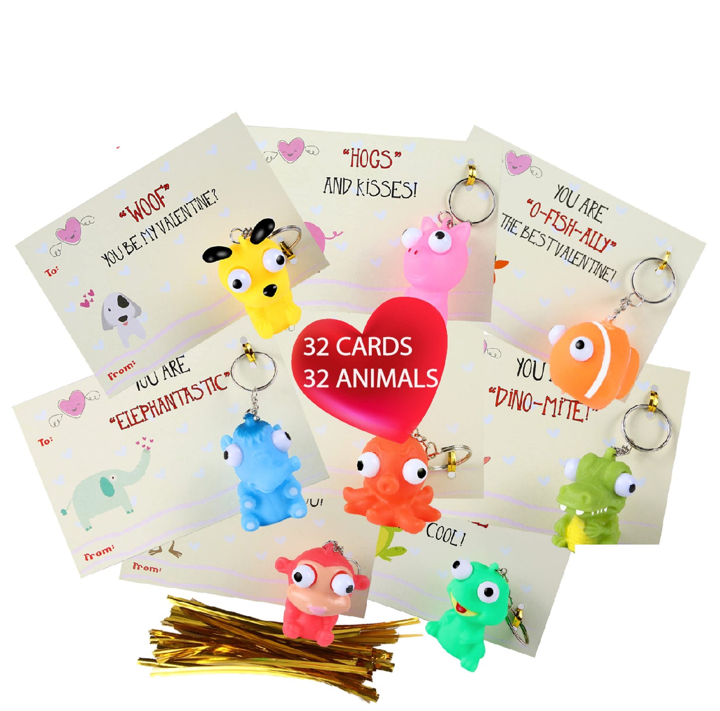 SAMRIKO 32-Piece Valentines Day Cards with Pop-Eye Animal Keychains | Class Valentine Gifts for Kids