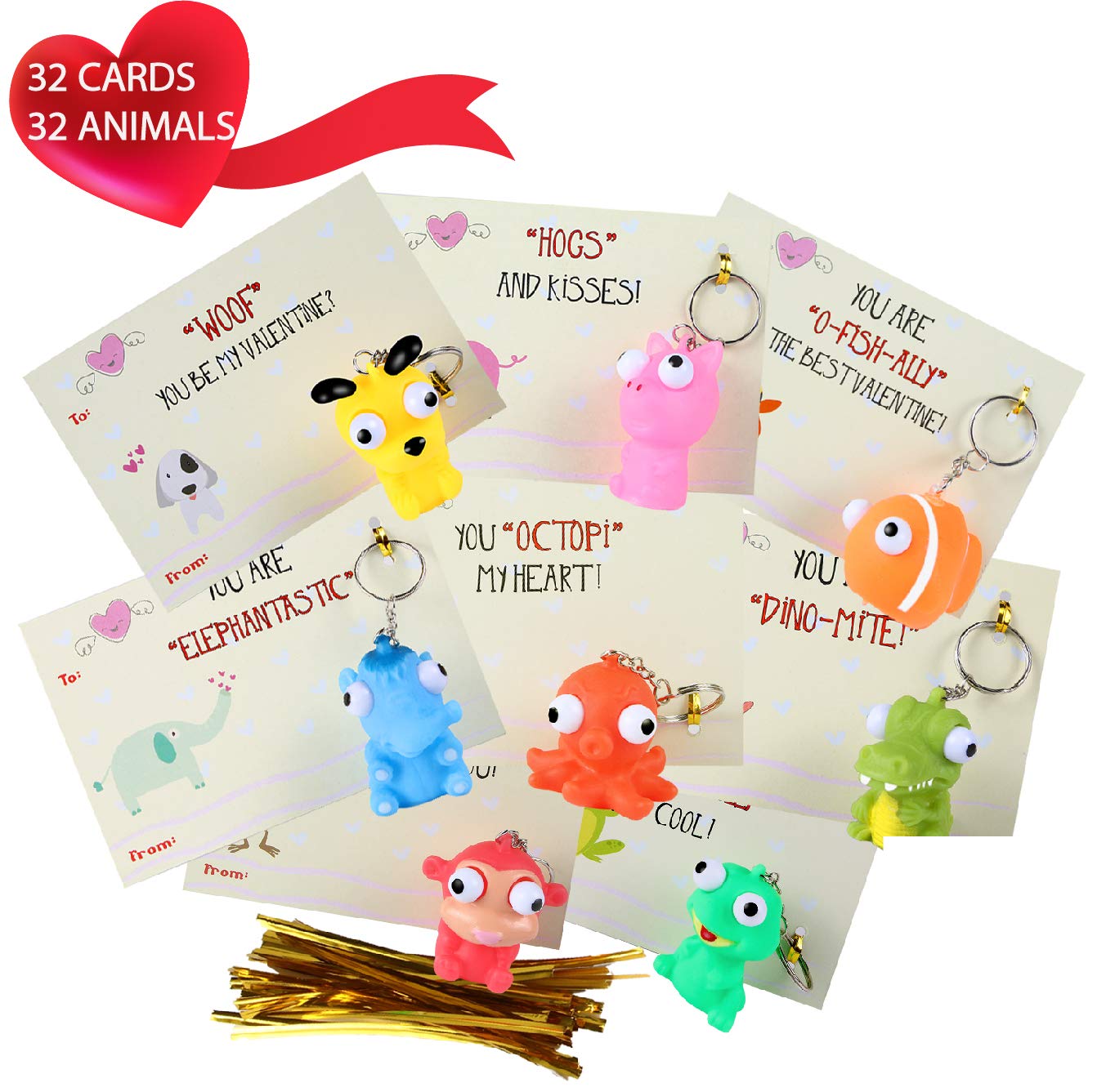 SAMRIKO 32-Piece Valentines Day Cards with Pop-Eye Animal Keychains | Class Valentine Gifts for Kids