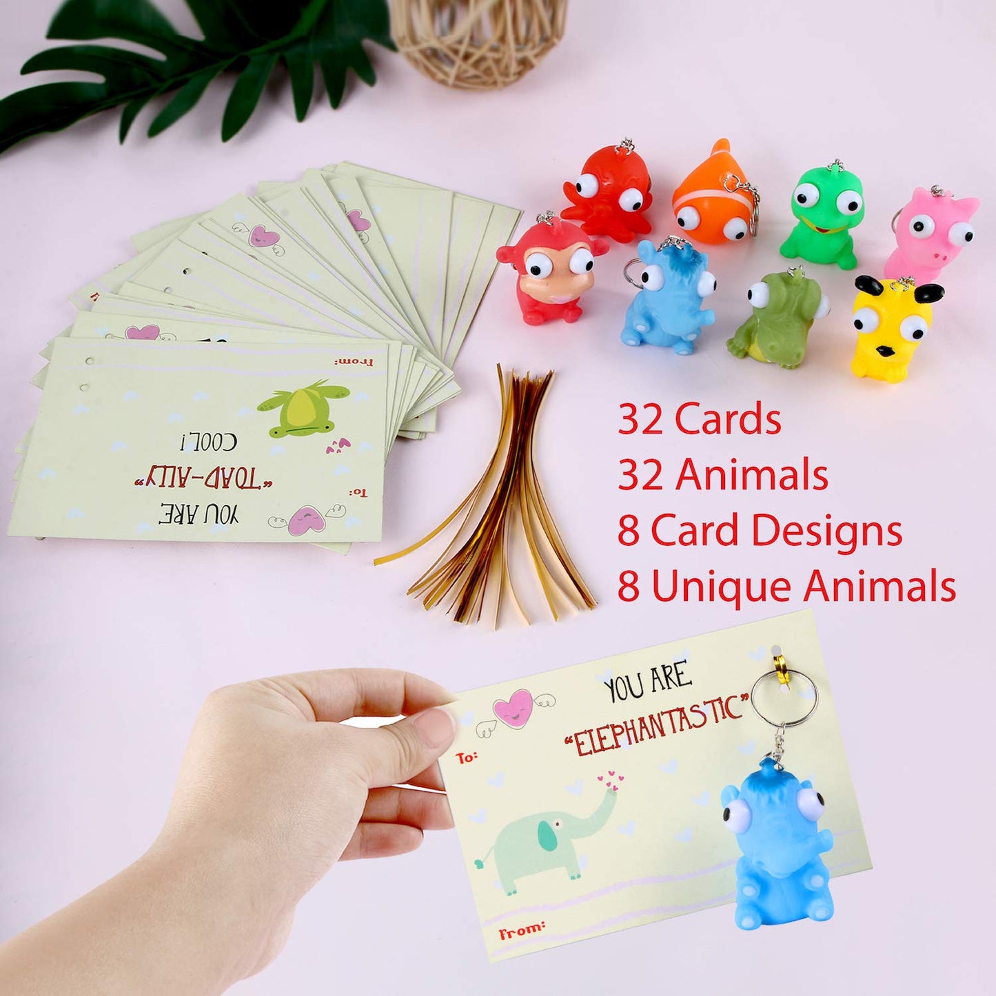 SAMRIKO 32-Piece Valentines Day Cards with Pop-Eye Animal Keychains | Class Valentine Gifts for Kids