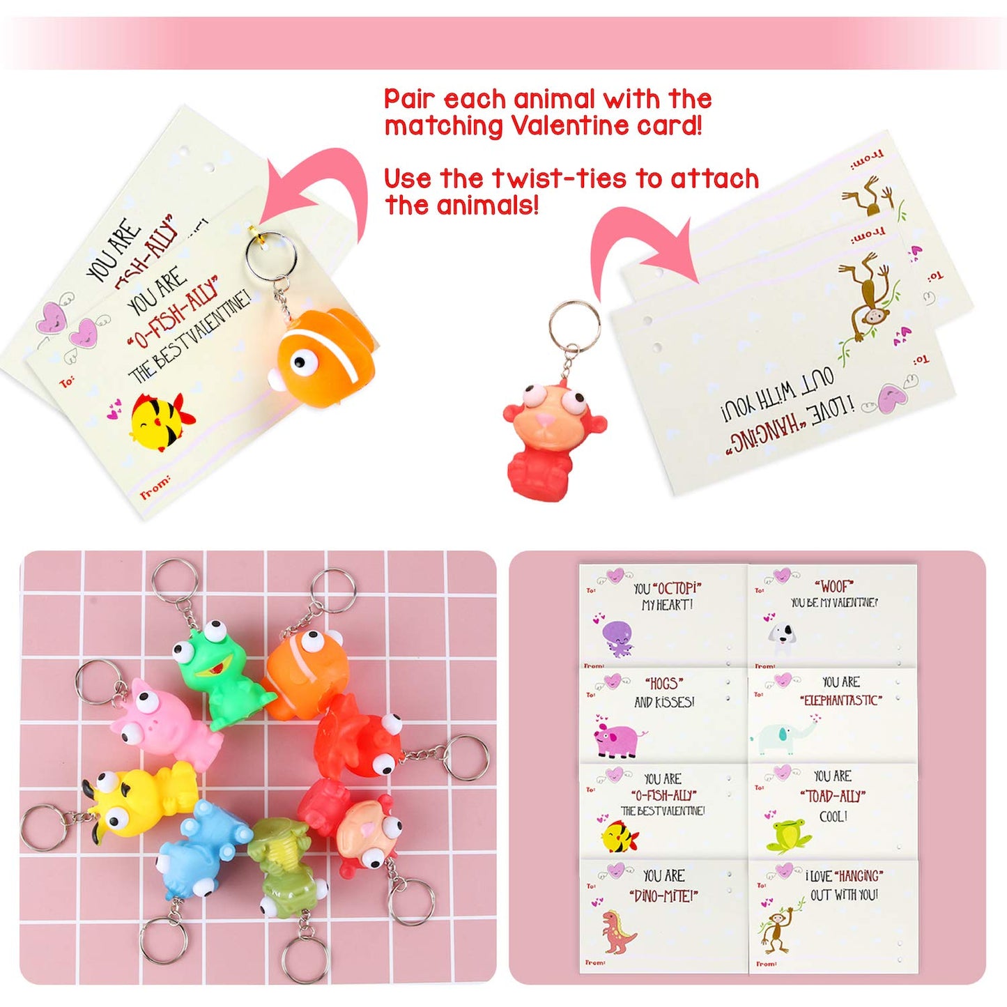SAMRIKO 32-Piece Valentines Day Cards with Pop-Eye Animal Keychains | Class Valentine Gifts for Kids