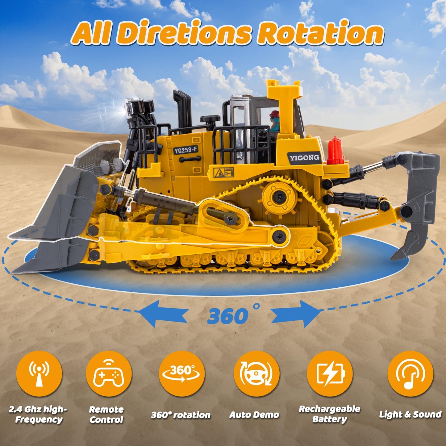 Samtop Rc Bulldozer Toys - Realistic 9-Channel 2.4GHz RC Loader with Light & Sound for Kids Aged 7-12