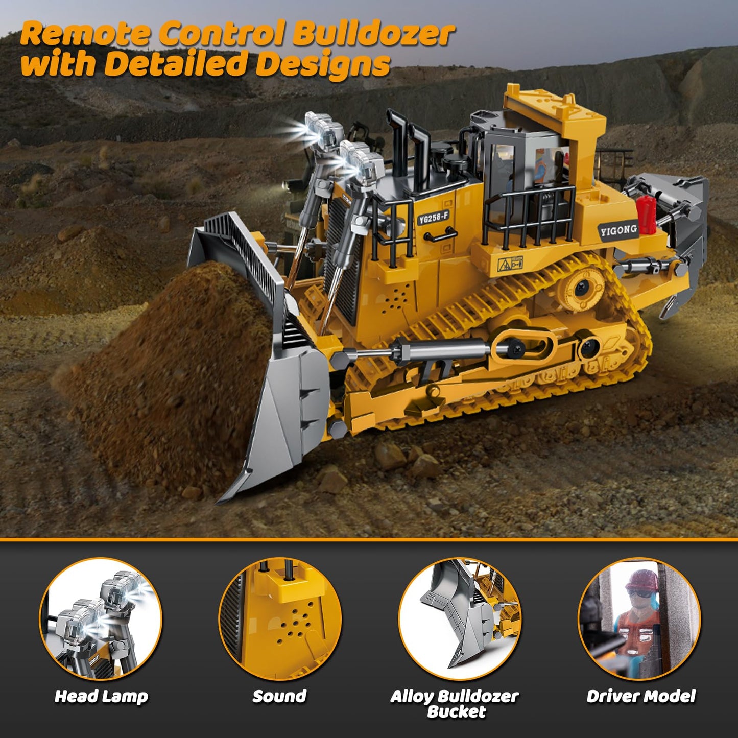 Samtop Rc Bulldozer Toys - Realistic 9-Channel 2.4GHz RC Loader with Light & Sound for Kids Aged 7-12
