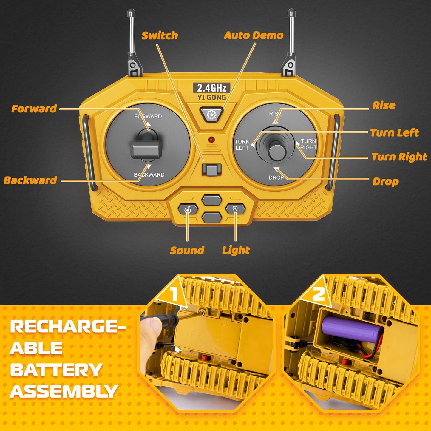 Samtop Rc Bulldozer Toys - Realistic 9-Channel 2.4GHz RC Loader with Light & Sound for Kids Aged 7-12