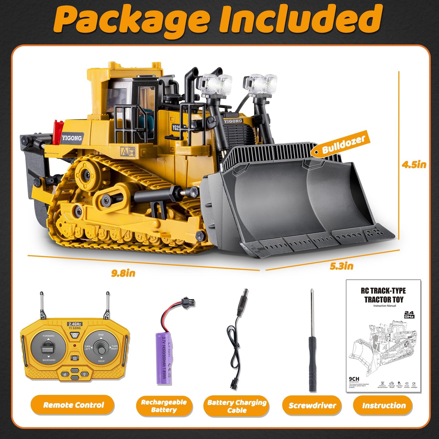 Samtop Rc Bulldozer Toys - Realistic 9-Channel 2.4GHz RC Loader with Light & Sound for Kids Aged 7-12