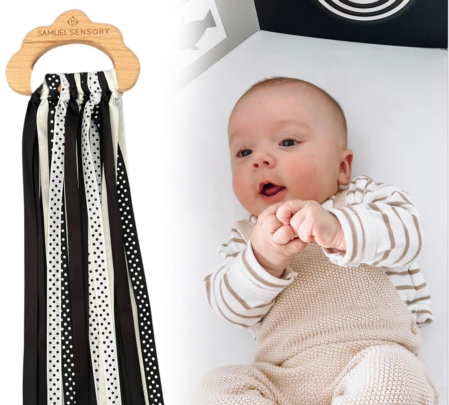 Samuel Sensory Cloud Ribbon Toy – Black & White Beech Wood Teether & Tummy Time Toy