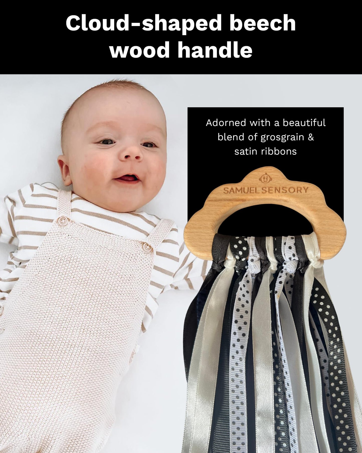 Samuel Sensory Cloud Ribbon Toy – Black & White Beech Wood Teether & Tummy Time Toy