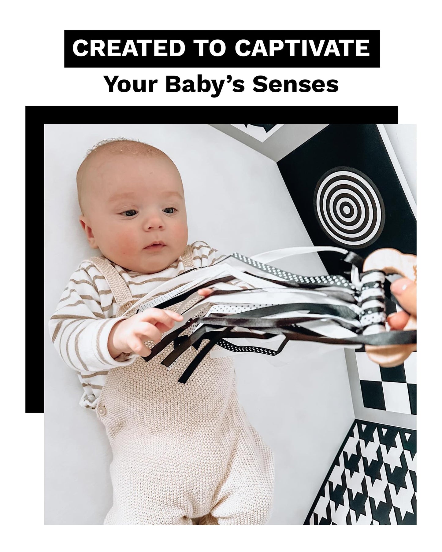 Samuel Sensory Cloud Ribbon Toy – Black & White Beech Wood Teether & Tummy Time Toy