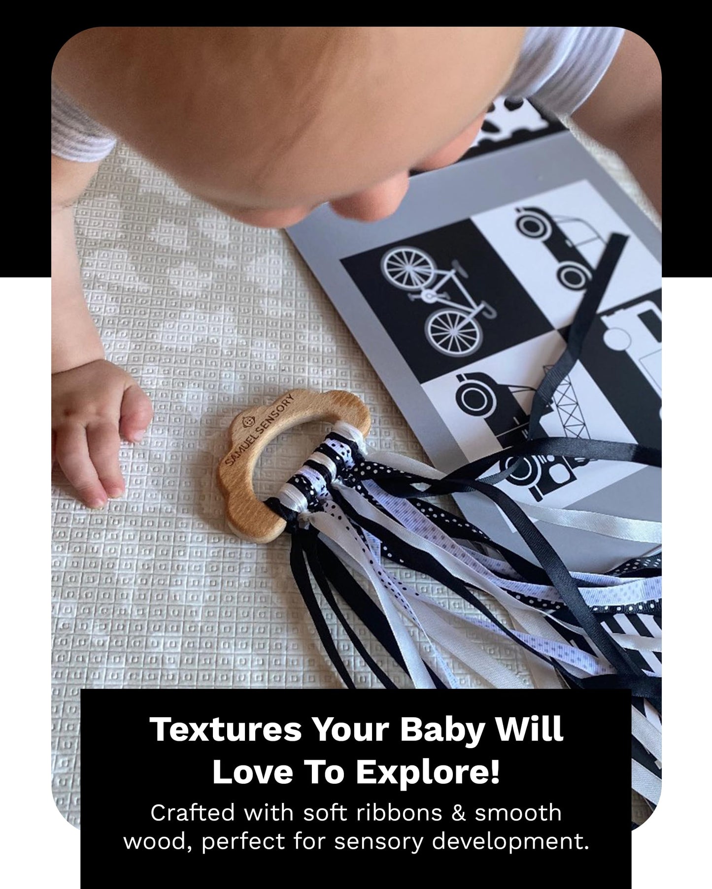 Samuel Sensory Cloud Ribbon Toy – Black & White Beech Wood Teether & Tummy Time Toy