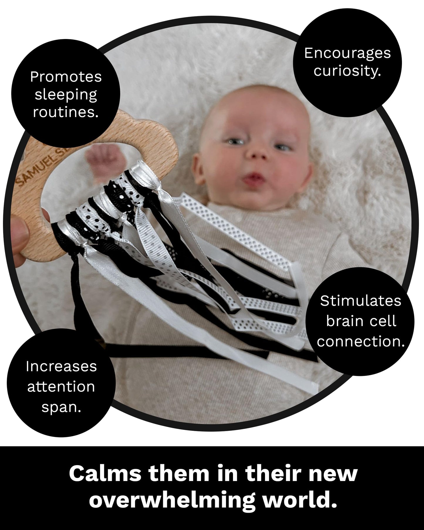 Samuel Sensory Cloud Ribbon Toy – Black & White Beech Wood Teether & Tummy Time Toy