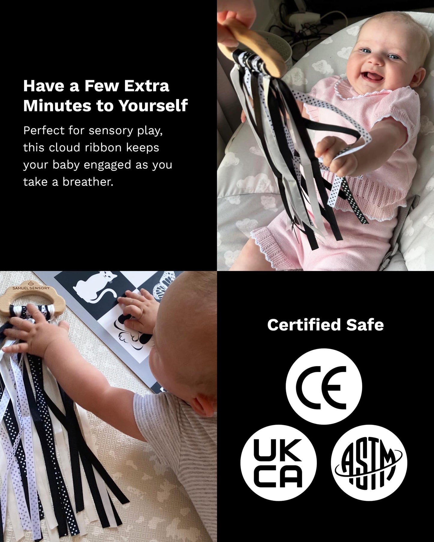 Samuel Sensory Cloud Ribbon Toy – Black & White Beech Wood Teether & Tummy Time Toy