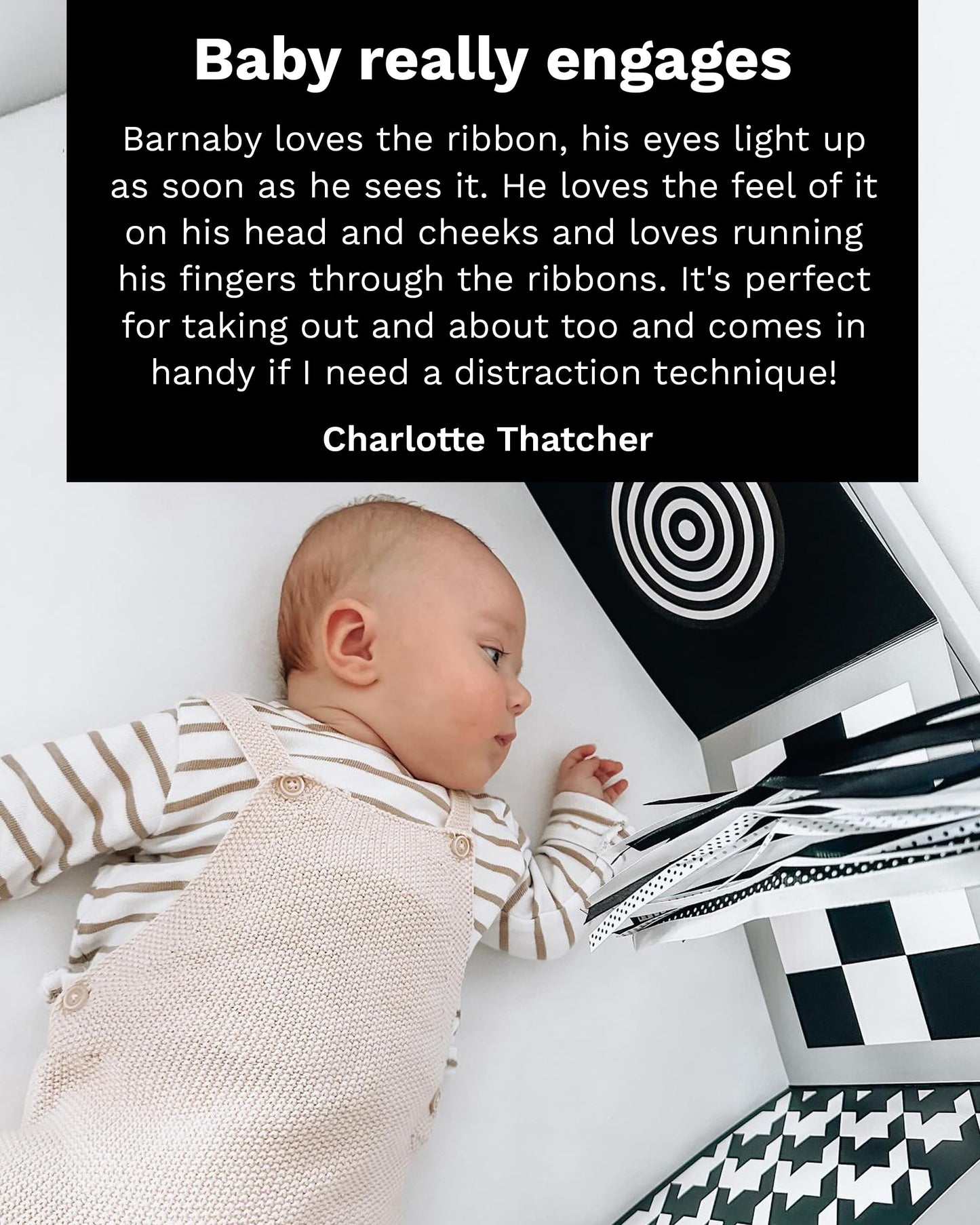 Samuel Sensory Cloud Ribbon Toy – Black & White Beech Wood Teether & Tummy Time Toy
