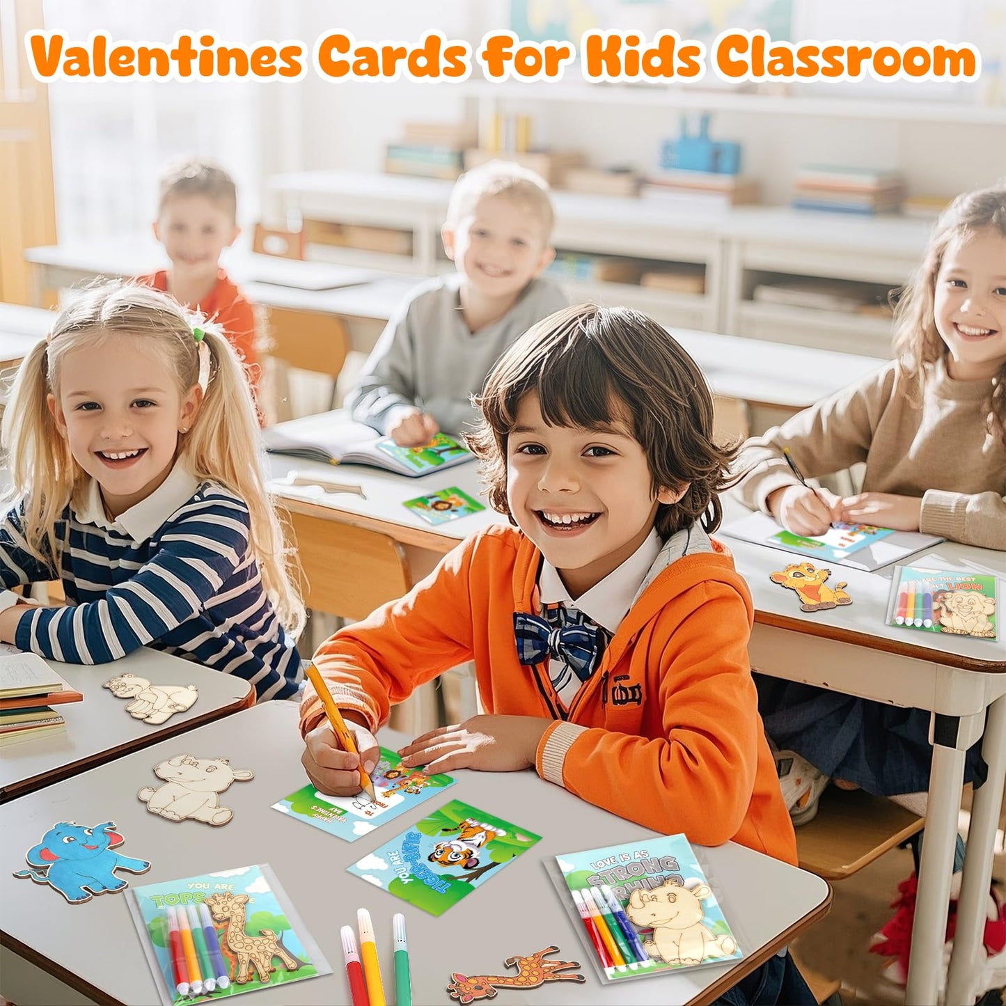SANANT Valentines Day Kids Craft Kit — 30 Animal Wood Crafts + Cards & Coloring Pens