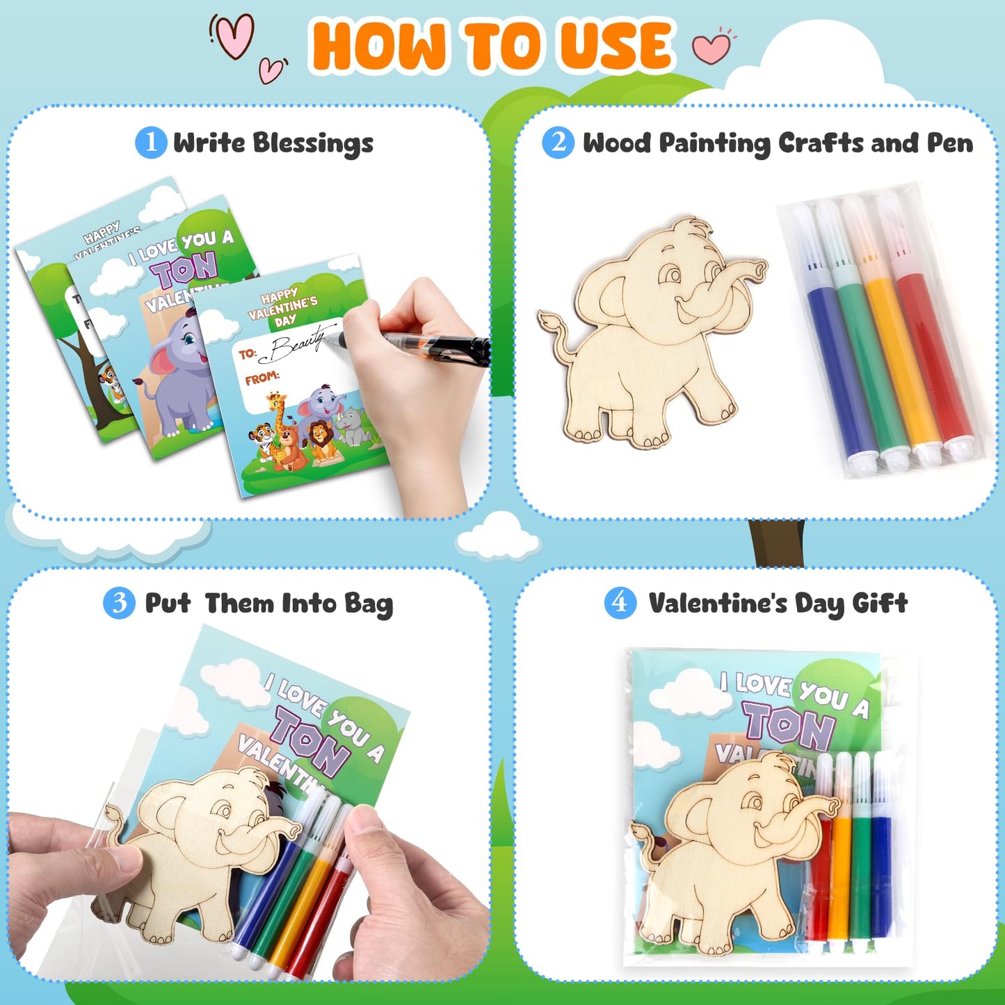 SANANT Valentines Day Kids Craft Kit — 30 Animal Wood Crafts + Cards & Coloring Pens
