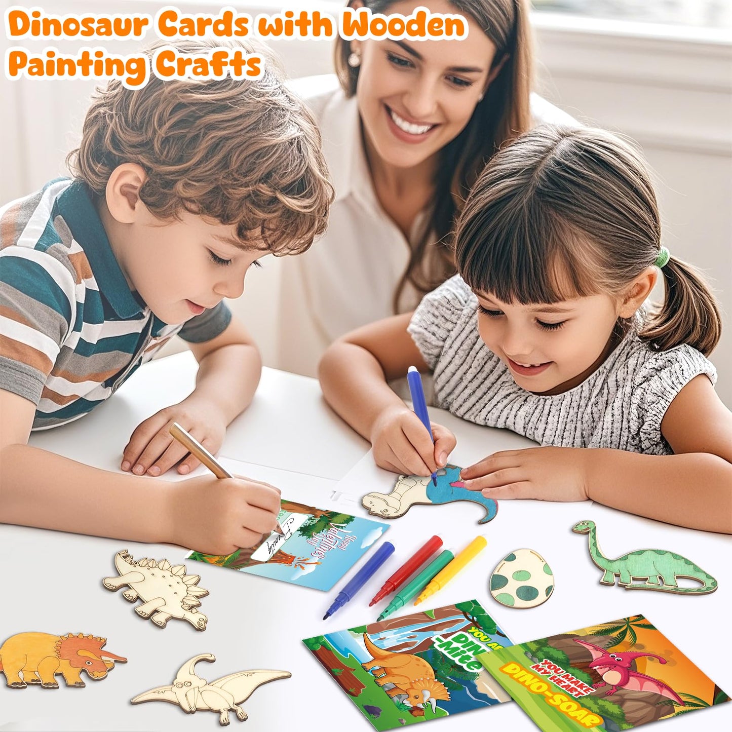 SANANT Valentines Day Gifts for Kids — 30 Wooden Dinosaur Painting Kits with Cards
