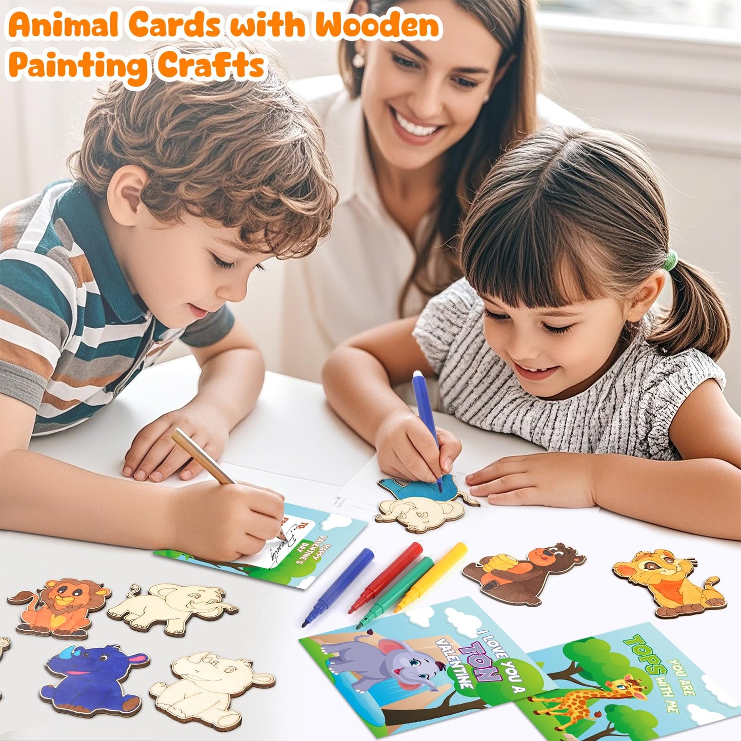 SANANT Valentines Day Kids Craft Kit — 30 Animal Wood Crafts + Cards & Coloring Pens
