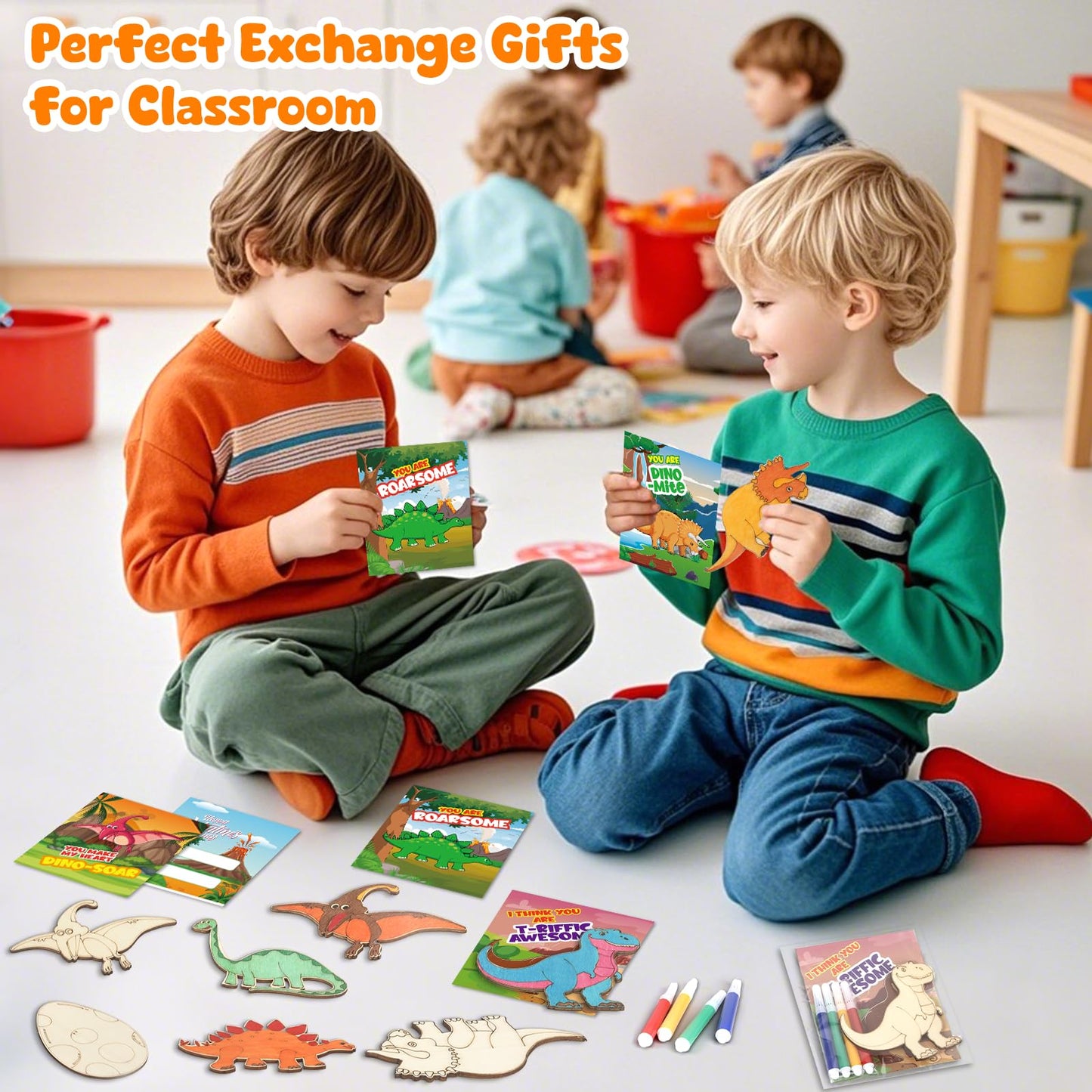 SANANT Valentines Day Gifts for Kids — 30 Wooden Dinosaur Painting Kits with Cards