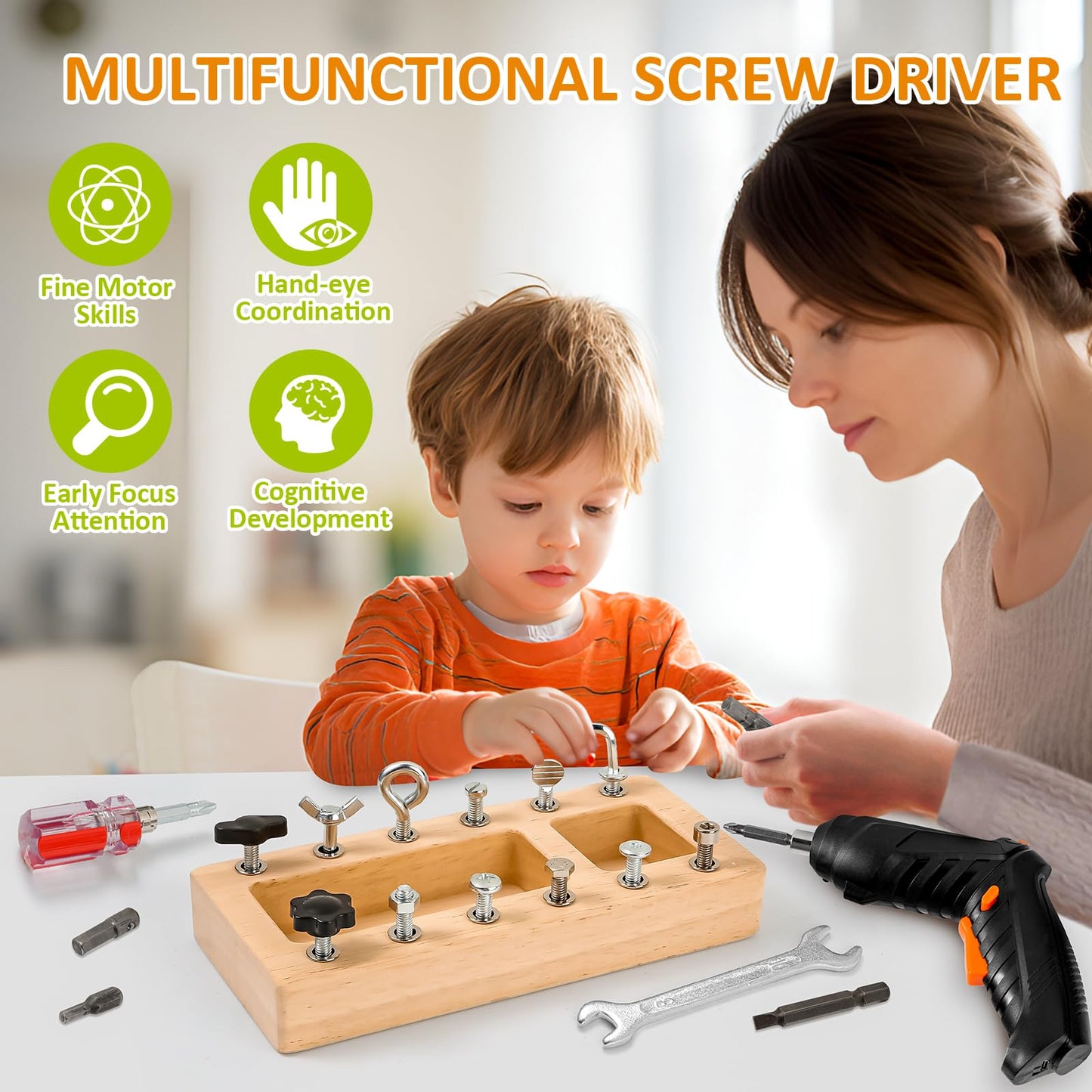 SANANT Montessori Screwdriver Board Set – 21-in-1 Wooden STEM Toy with Electric Drill (Ages 3–6)