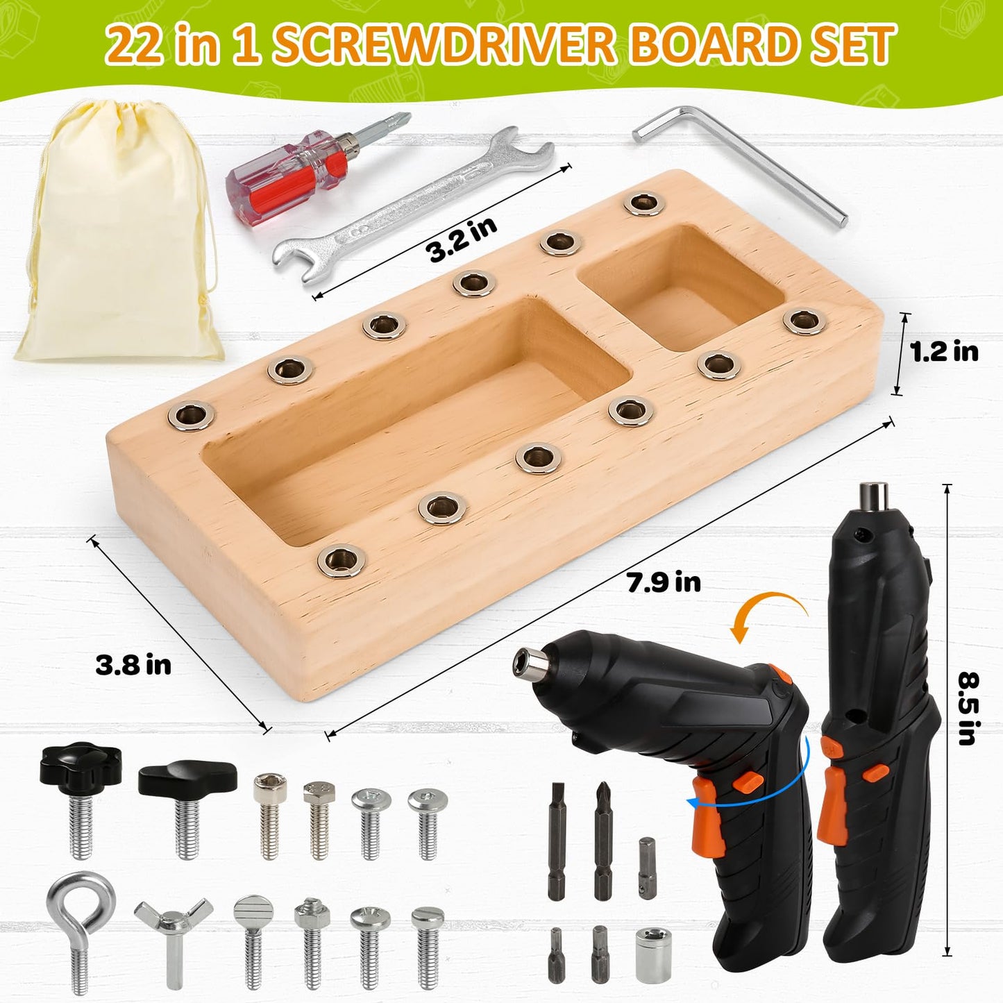 SANANT Montessori Screwdriver Board Set – 21-in-1 Wooden STEM Toy with Electric Drill (Ages 3–6)