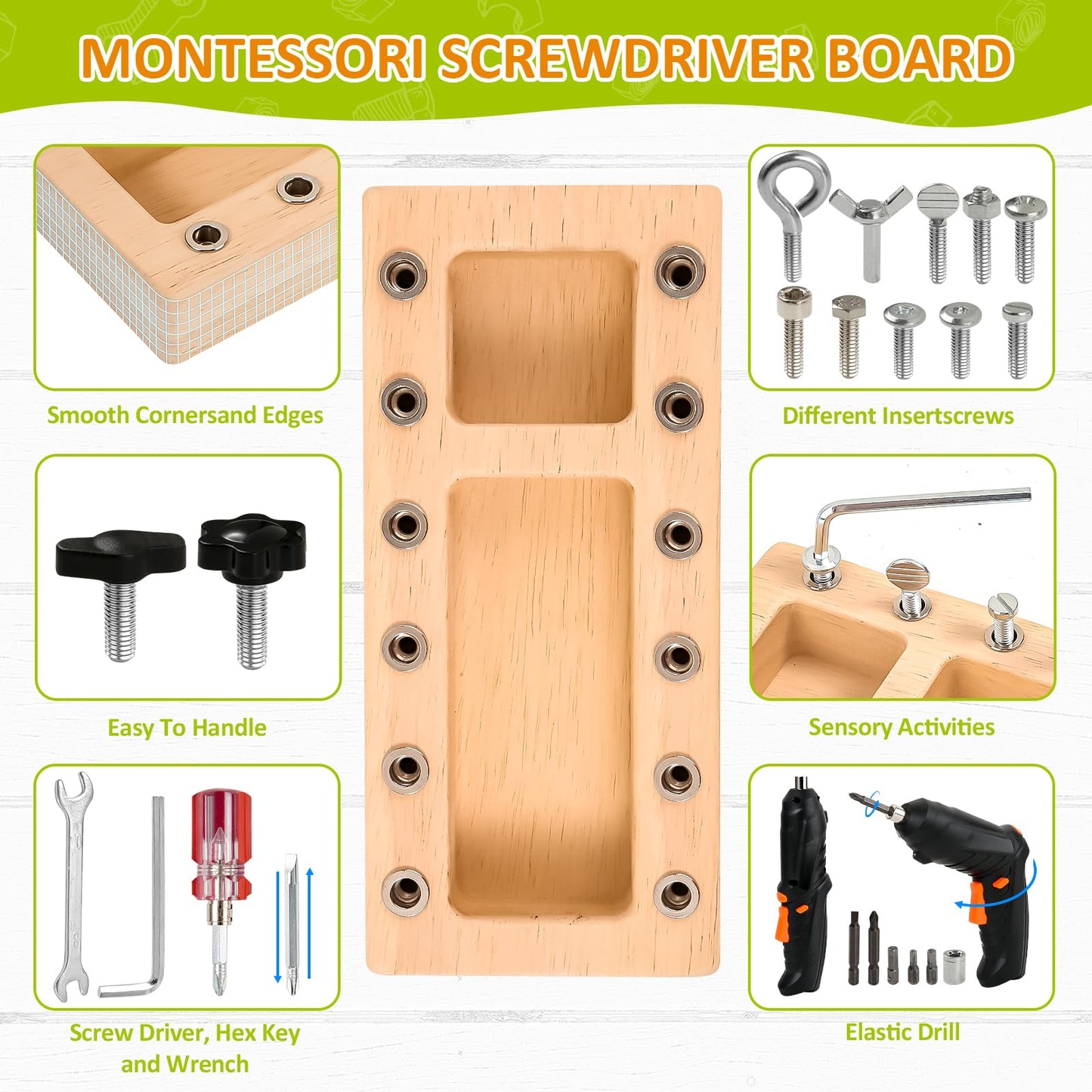 SANANT Montessori Screwdriver Board Set – 21-in-1 Wooden STEM Toy with Electric Drill (Ages 3–6)