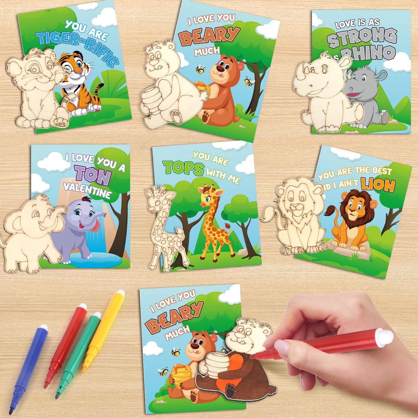 SANANT Valentines Day Kids Craft Kit — 30 Animal Wood Crafts + Cards & Coloring Pens
