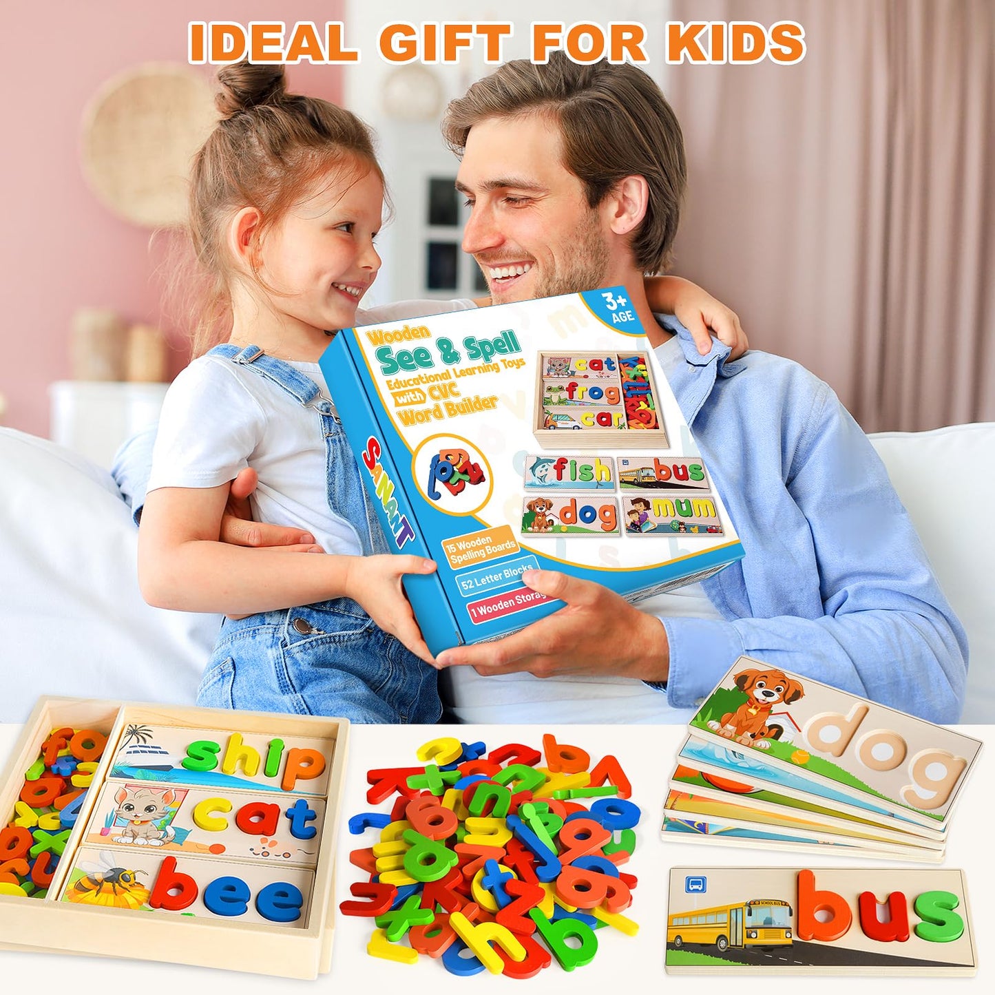 SANANT Wooden See & Spell Learning Toys – Alphabet Cards, CVC Word Builder, Montessori Preschool Gift