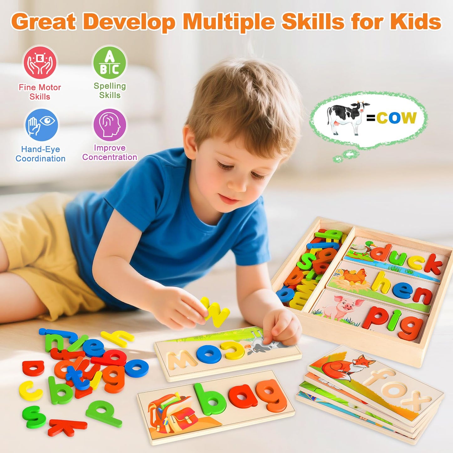 SANANT Wooden See & Spell Learning Toys – Alphabet Cards, CVC Word Builder, Montessori Preschool Gift