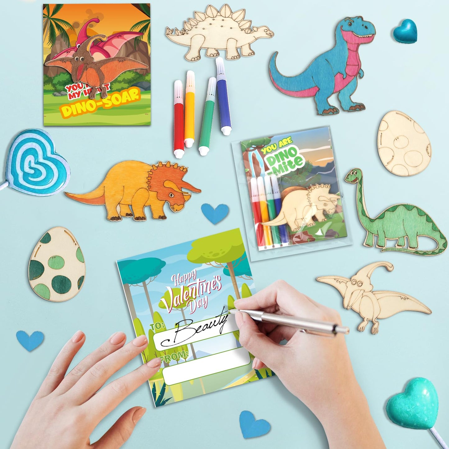 SANANT Valentines Day Gifts for Kids — 30 Wooden Dinosaur Painting Kits with Cards