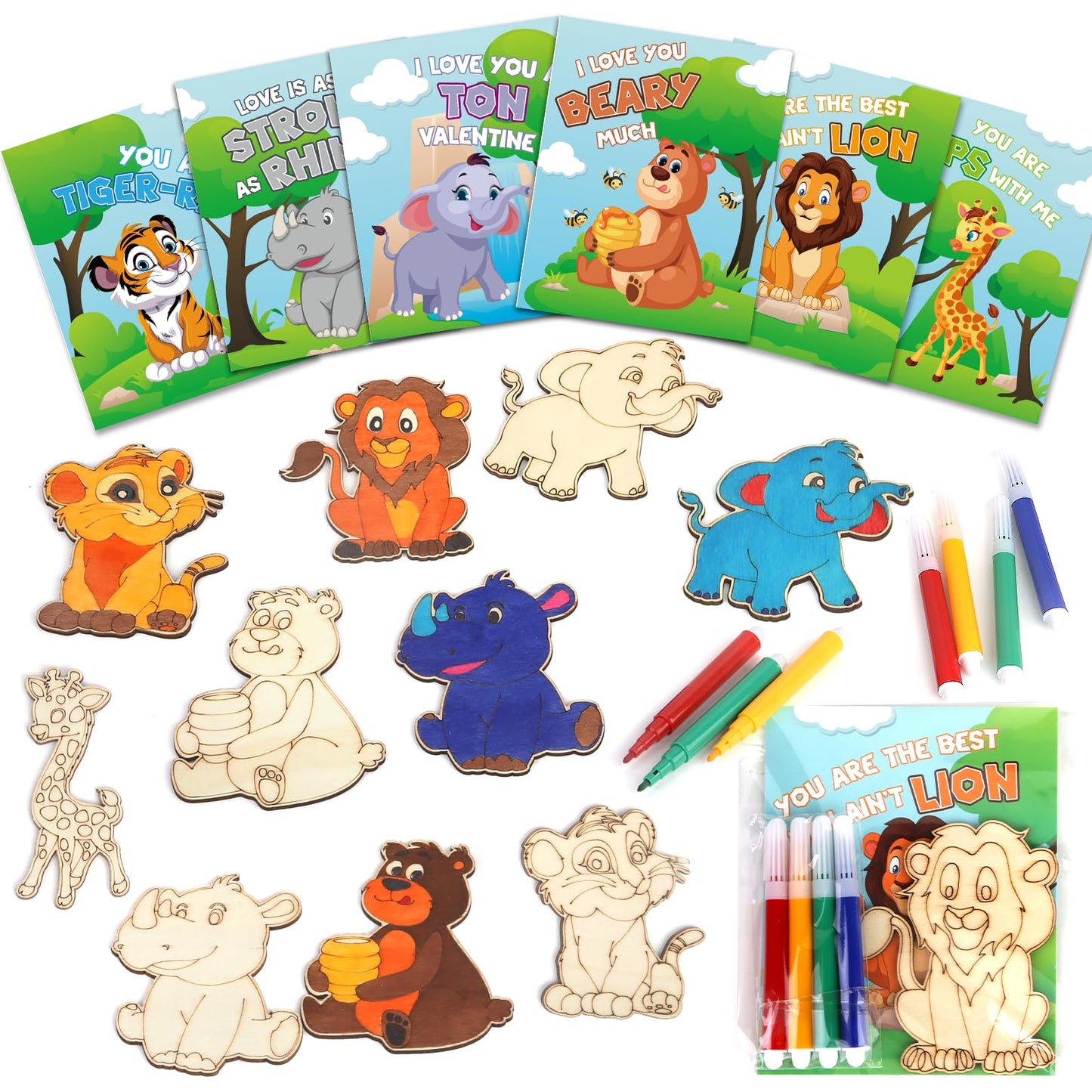 SANANT Valentines Day Kids Craft Kit — 30 Animal Wood Crafts + Cards & Coloring Pens