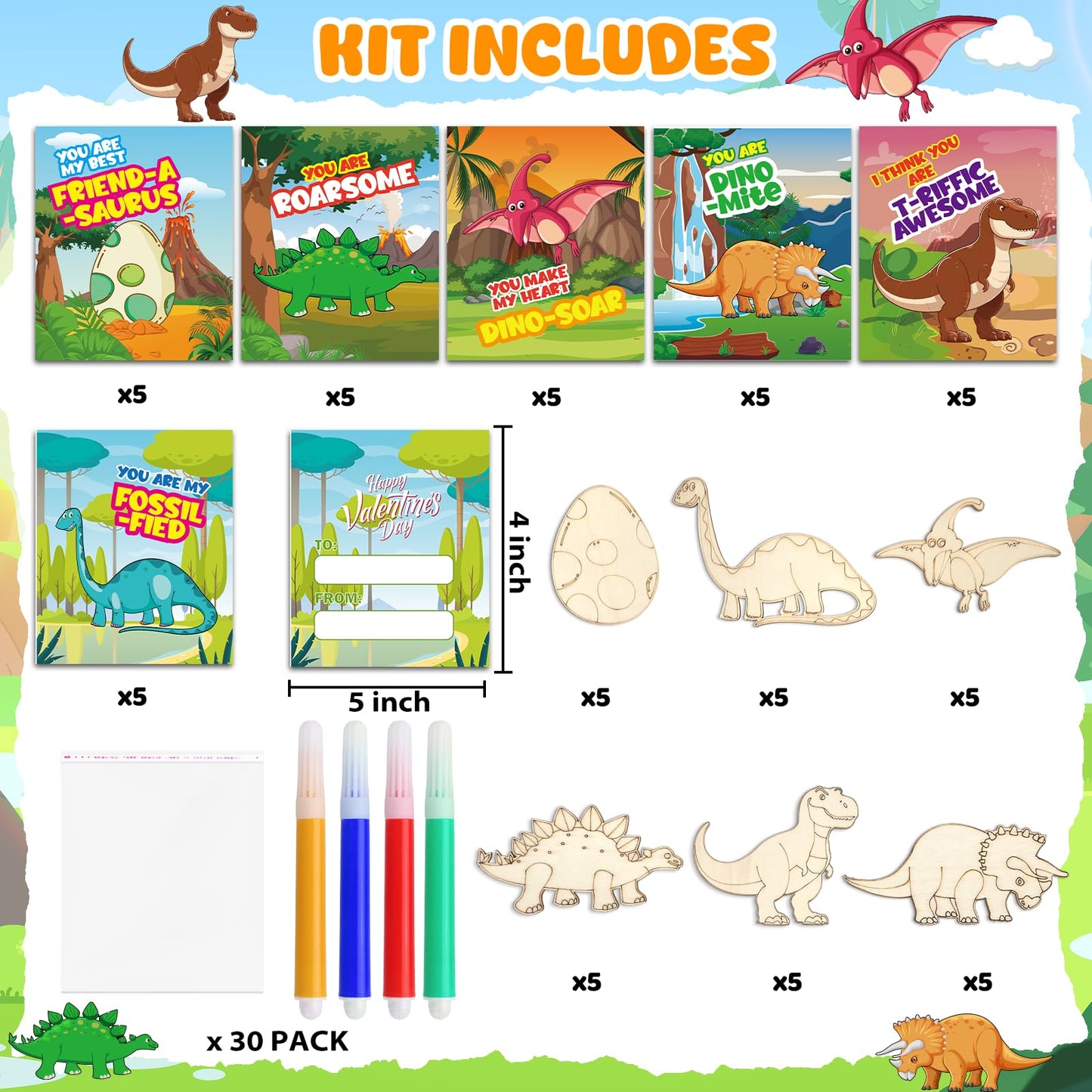 SANANT Valentines Day Gifts for Kids — 30 Wooden Dinosaur Painting Kits with Cards