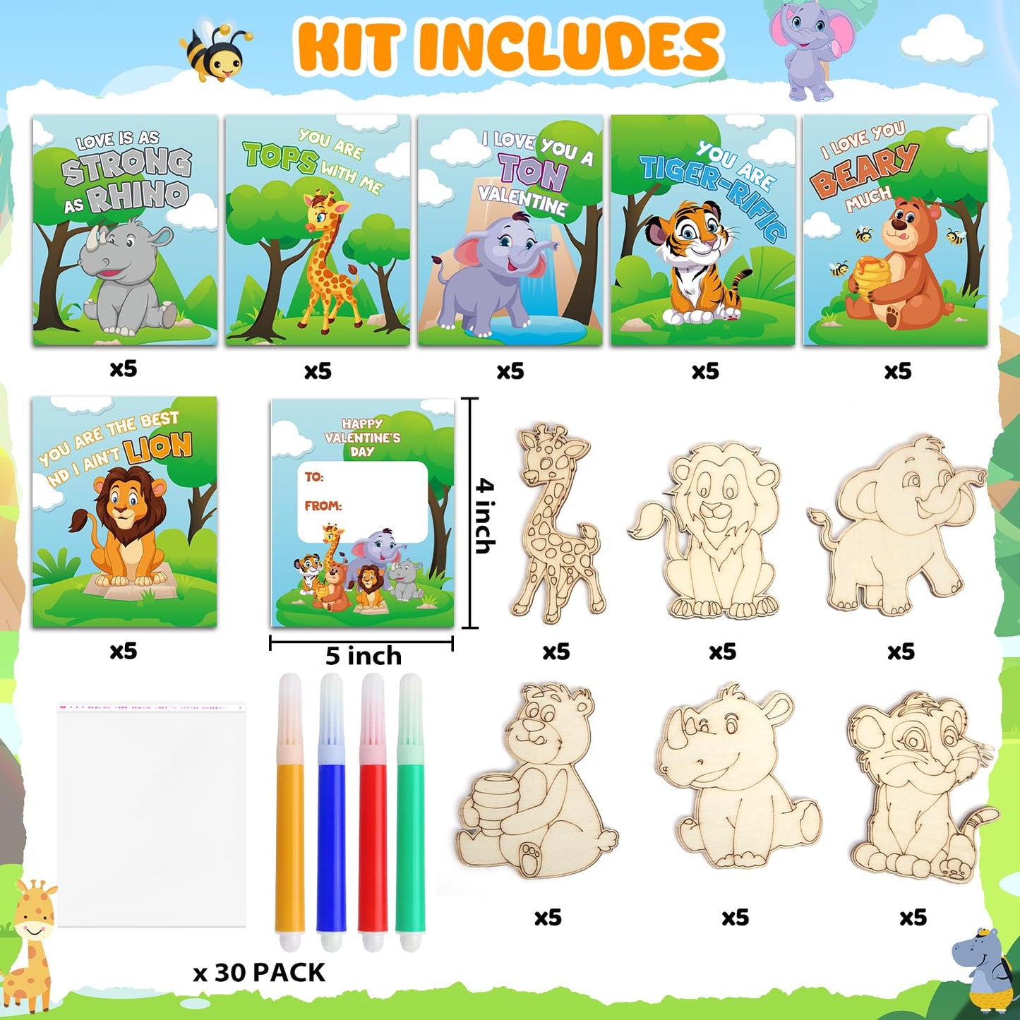 SANANT Valentines Day Kids Craft Kit — 30 Animal Wood Crafts + Cards & Coloring Pens