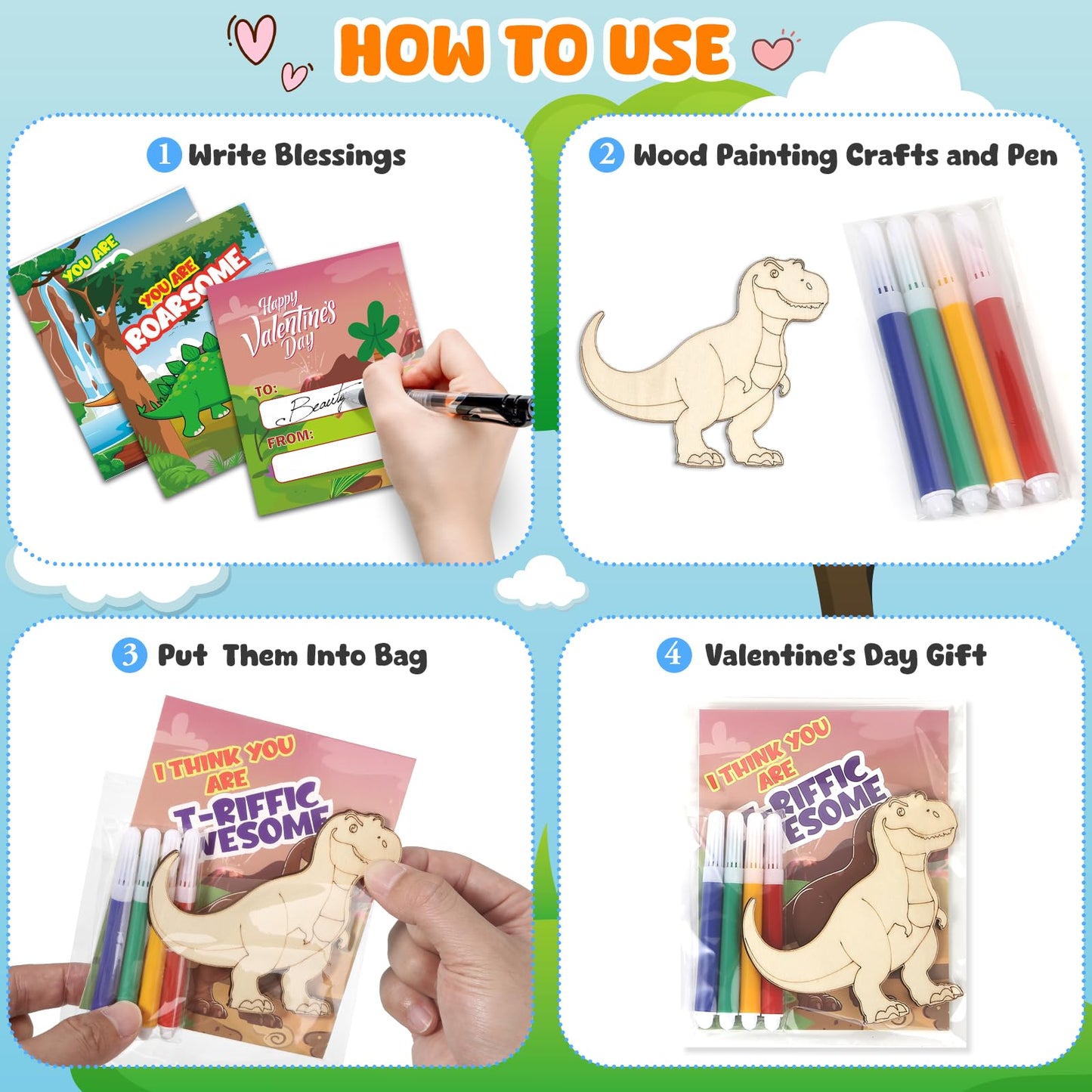 SANANT Valentines Day Gifts for Kids — 30 Wooden Dinosaur Painting Kits with Cards
