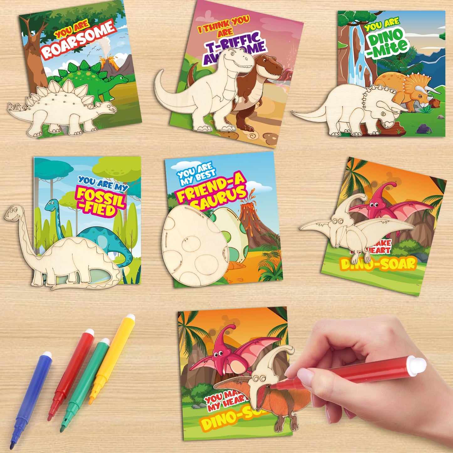SANANT Valentines Day Gifts for Kids — 30 Wooden Dinosaur Painting Kits with Cards