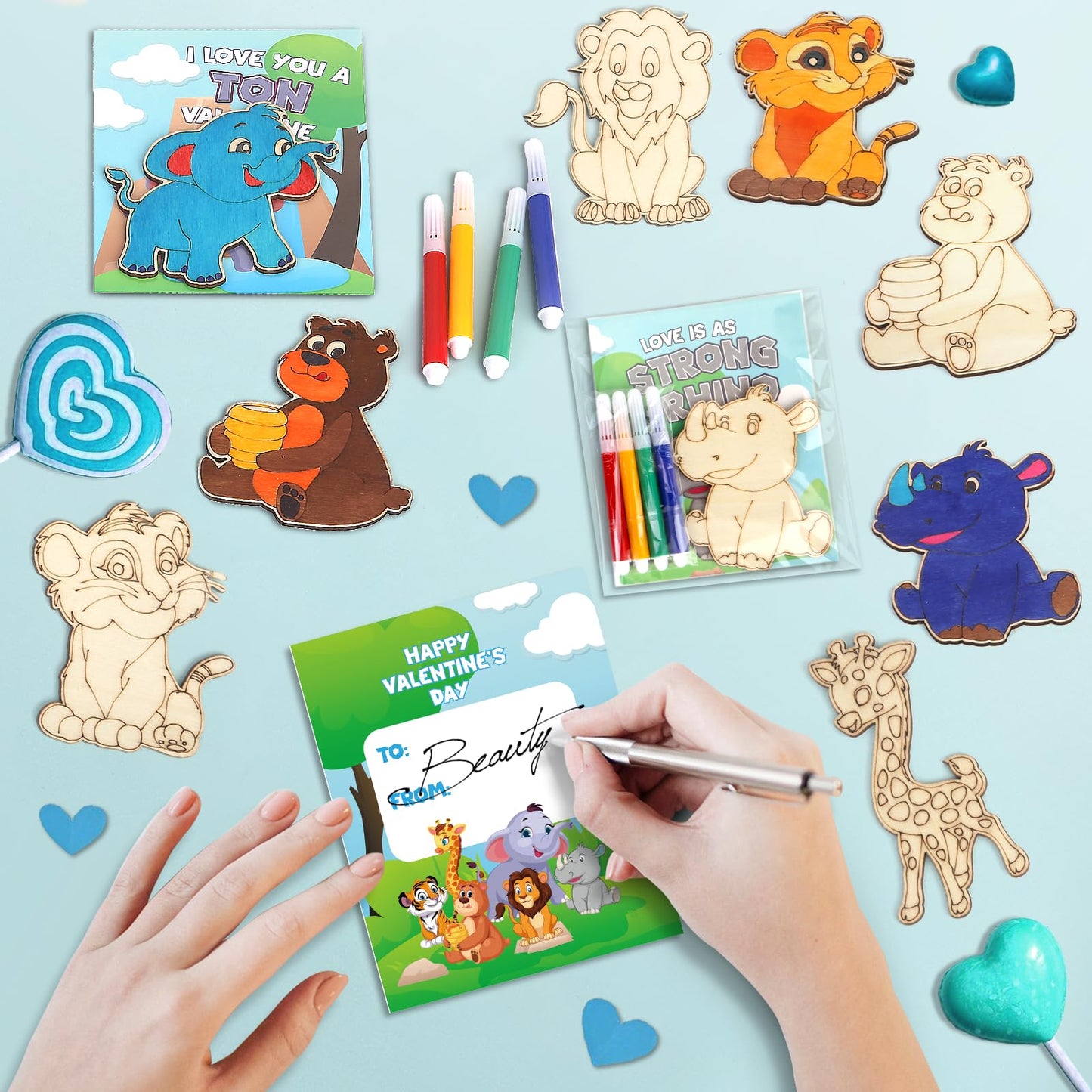 SANANT Valentines Day Kids Craft Kit — 30 Animal Wood Crafts + Cards & Coloring Pens