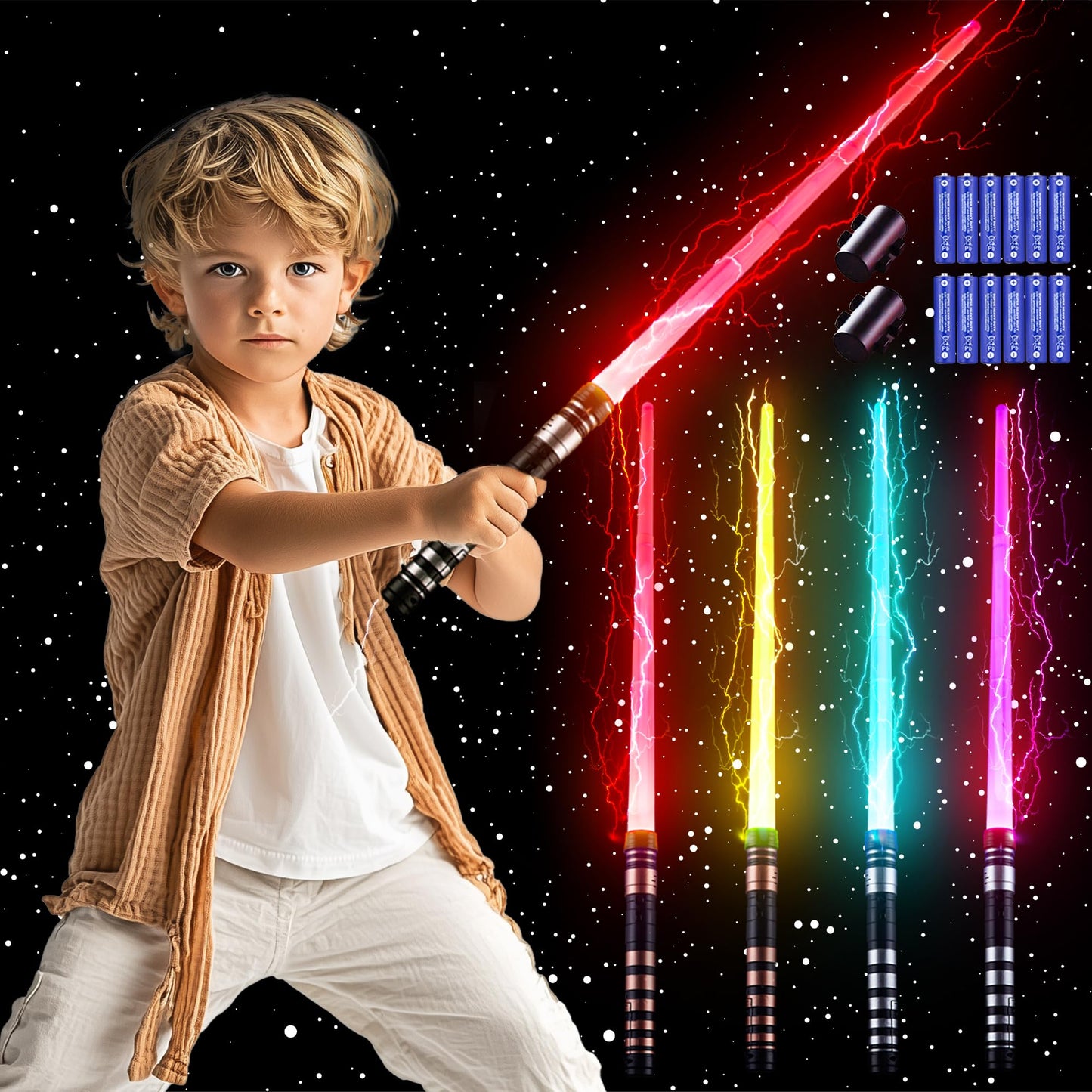 SANCO Light Up Sabers for Kids – 4 Pack, 7 Colors, FX Sound, Retractable Glow Swords