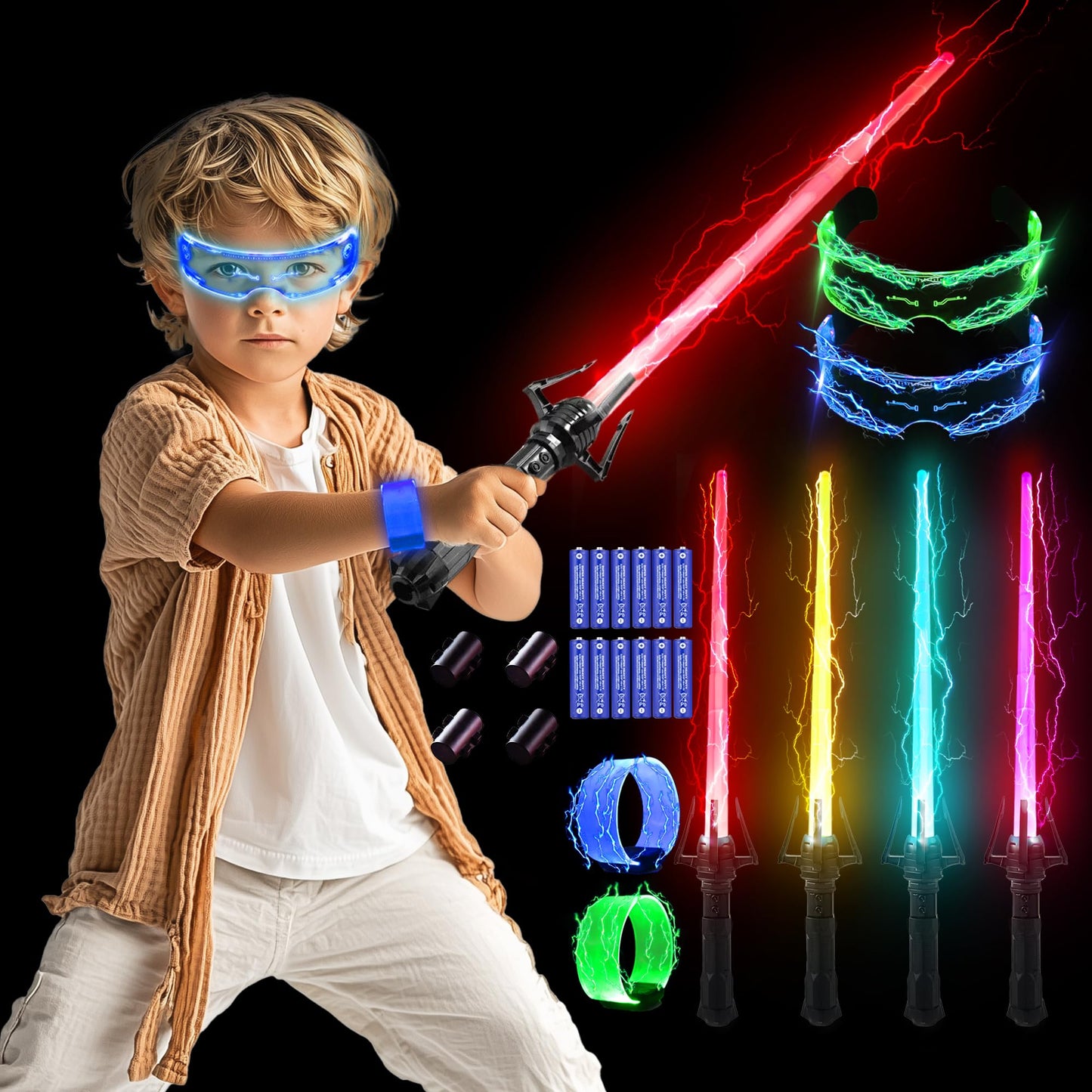 SANCO Light Up Sabers Set for Kids — 4 Pack, 7 Colors, Retractable Swords + LED Glasses & Wristbands