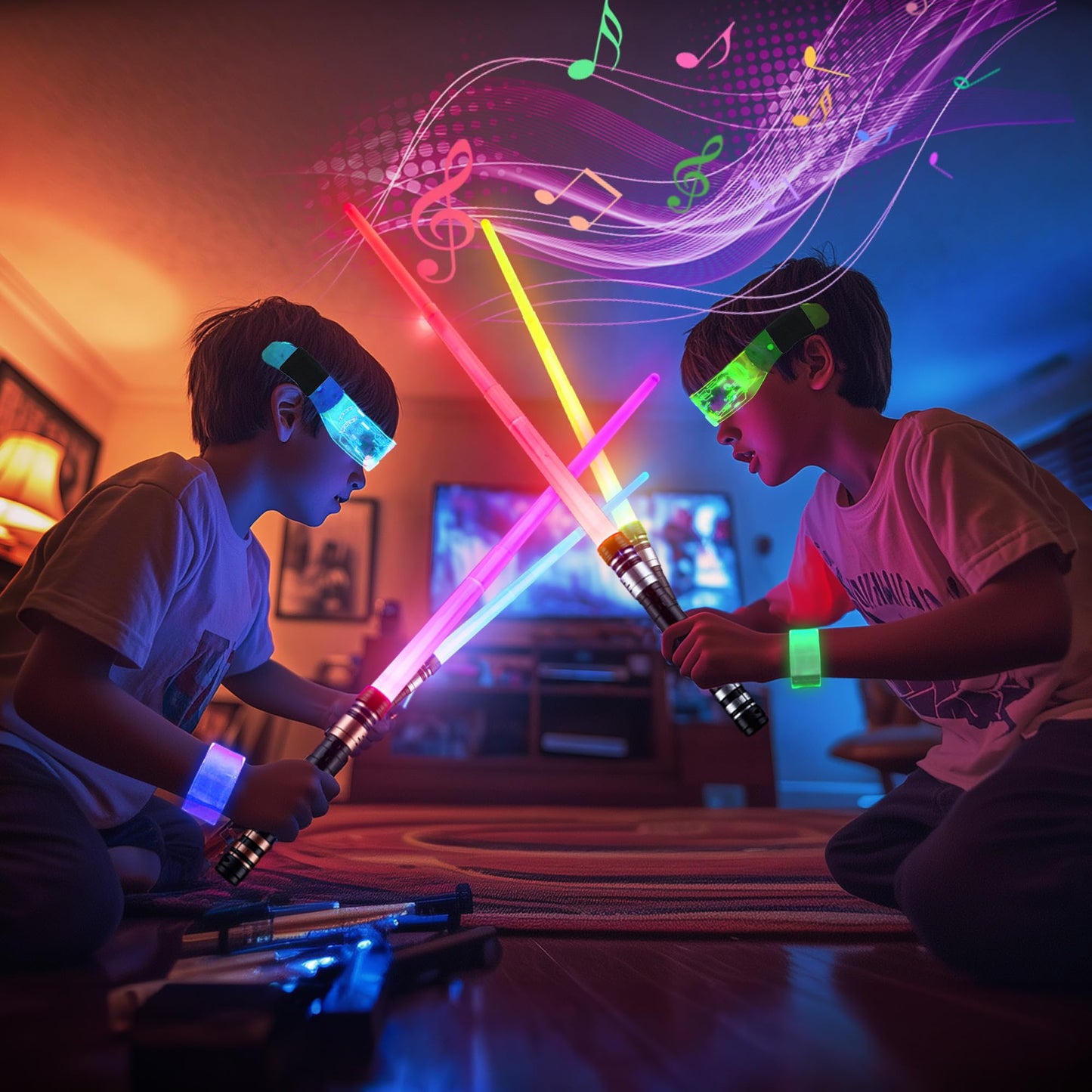 SANCO Light Up Sabers Set for Kids – 4 Pack, 7 Colors, FX Sound, Glasses & Wristbands