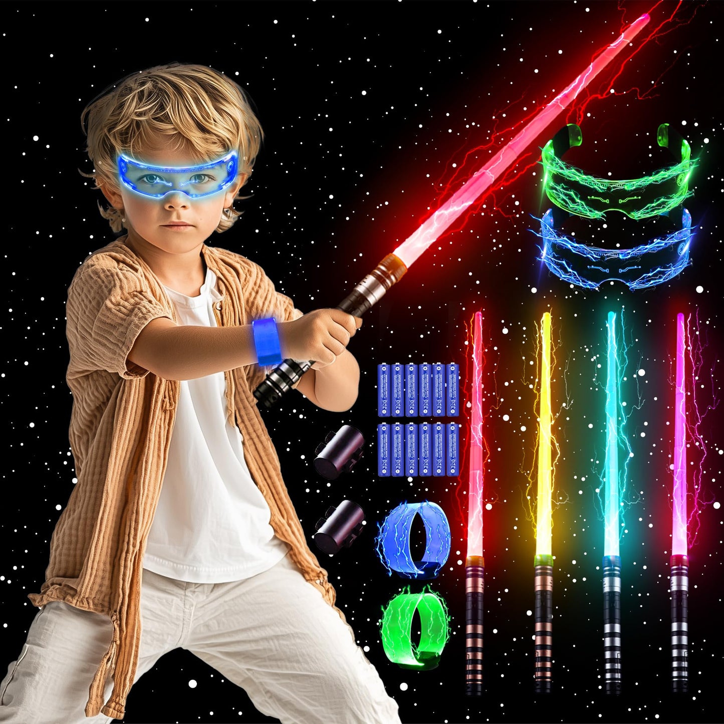 SANCO Light Up Sabers Set for Kids – 4 Pack, 7 Colors, FX Sound, Glasses & Wristbands