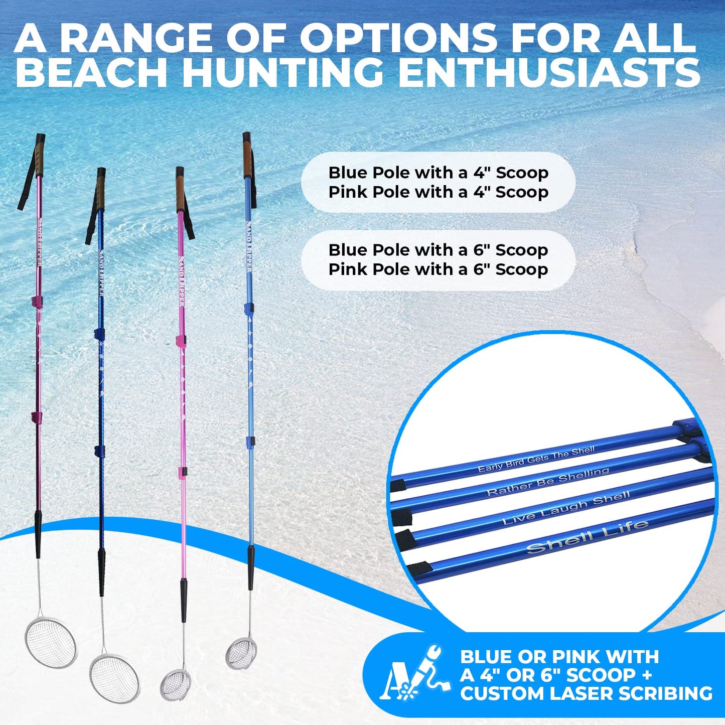 Sand Dipper Beach Scoop Shovel – Adjustable 34 to 64 Inch Pole, Blue, 4-Inch Basket