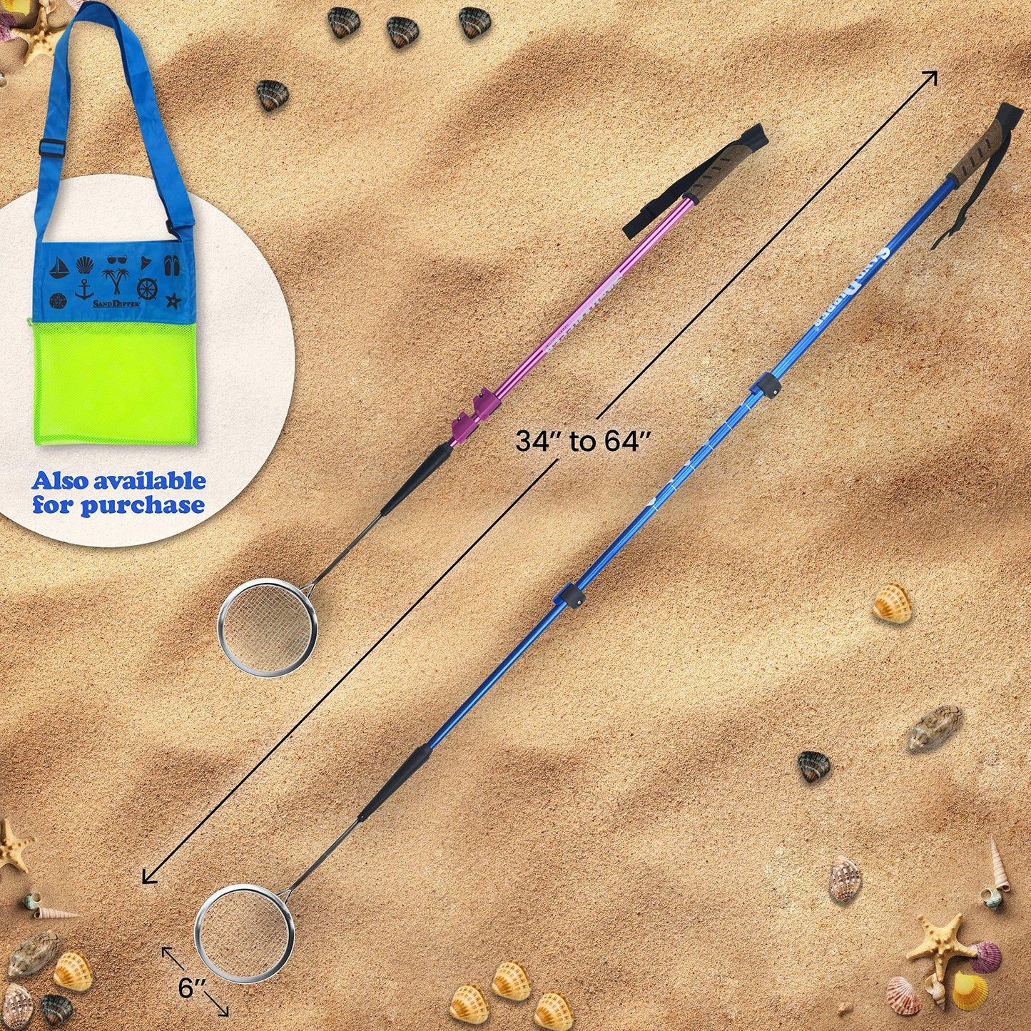 Sand Dipper Full-Size Beach Scoop Shovel & Sifter – 6-Inch Basket, Adjustable Pole, Blue