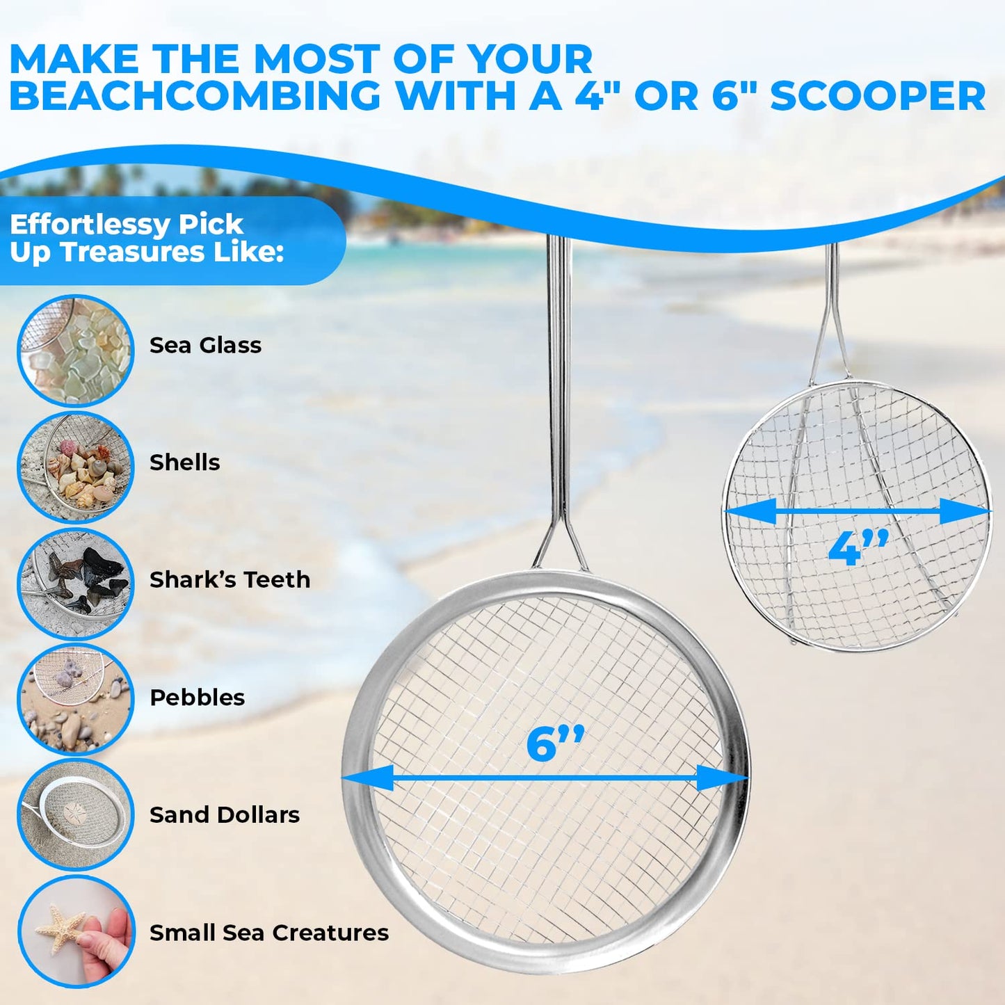 Sand Dipper Full-Size Beach Scoop Shovel & Sifter – 6-Inch Basket, Adjustable Pole, Blue