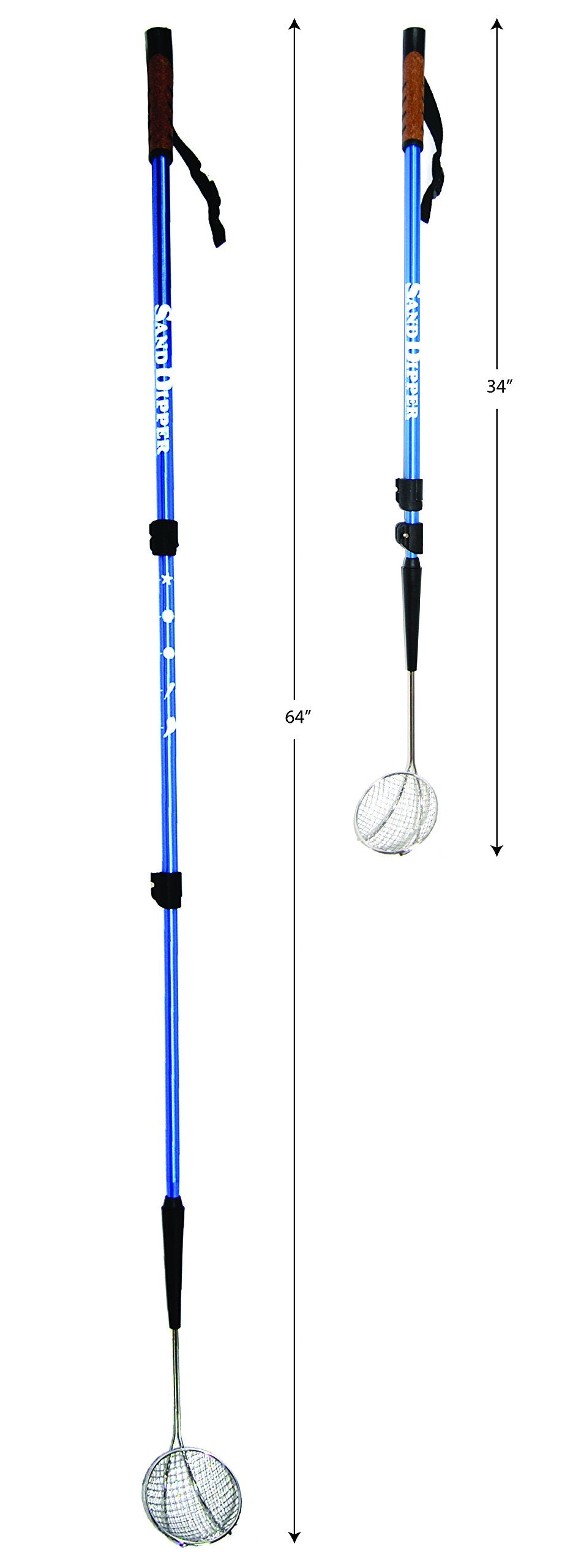 Sand Dipper Beach Scoop Shovel – Adjustable 34 to 64 Inch Pole, Blue, 4-Inch Basket