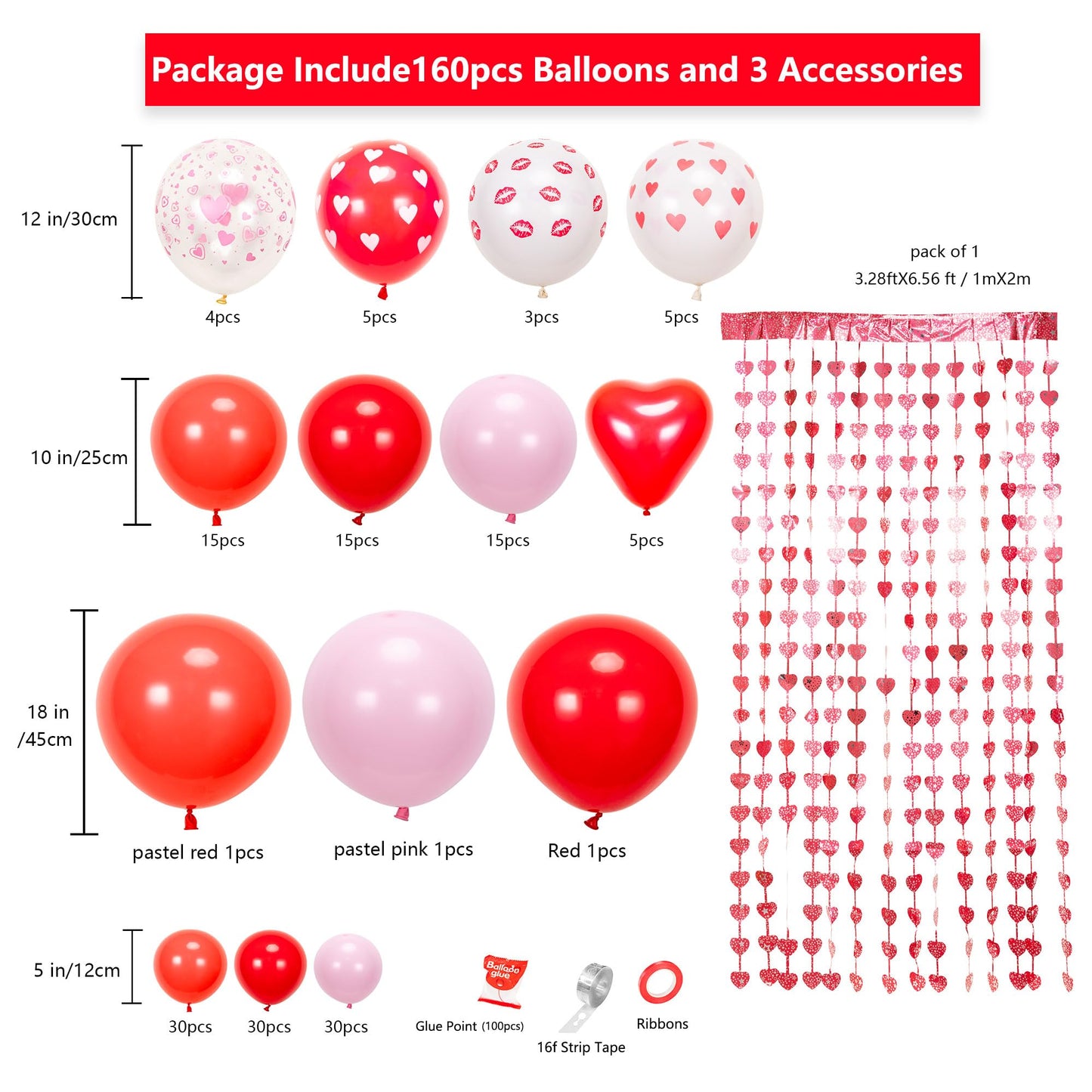 SANERYI 160pcs Valentine’s Balloon Arch Garland Kit – Red & Pink Hearts Backdrop (3.2x6 ft) for Weddings & Celebrations